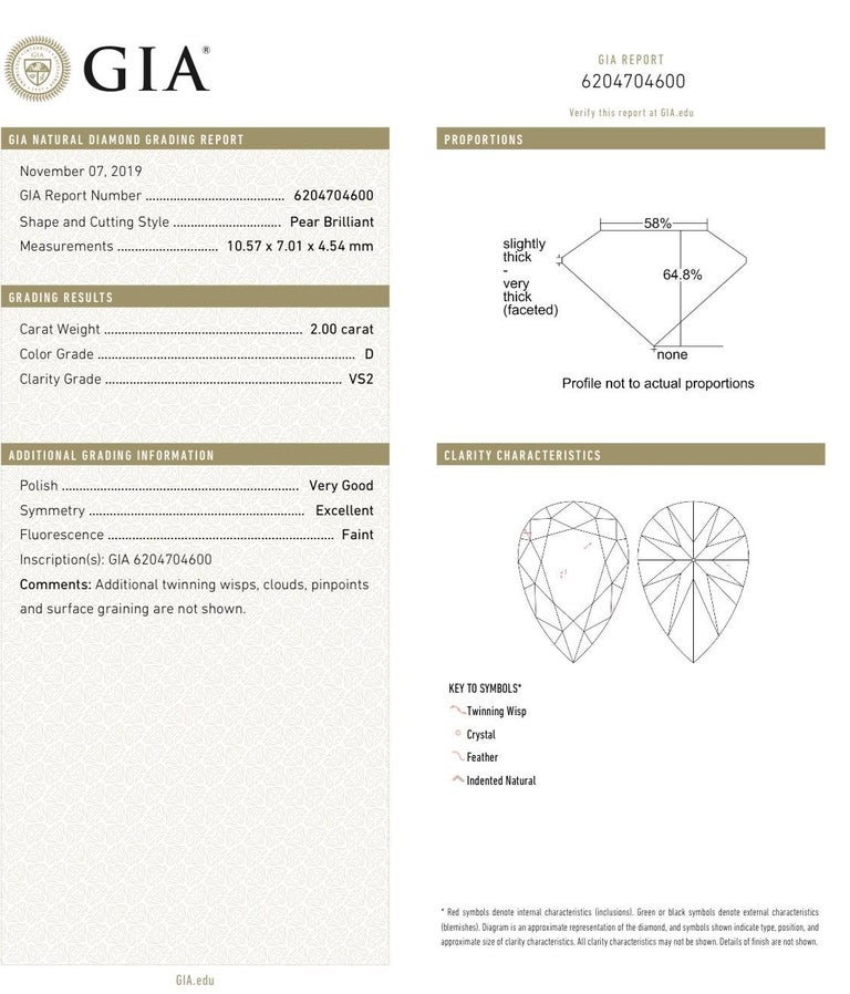 New York 2 Carat D VS2 GIA Stunning VS2+ Pear Natural Diamond For Sale ...
