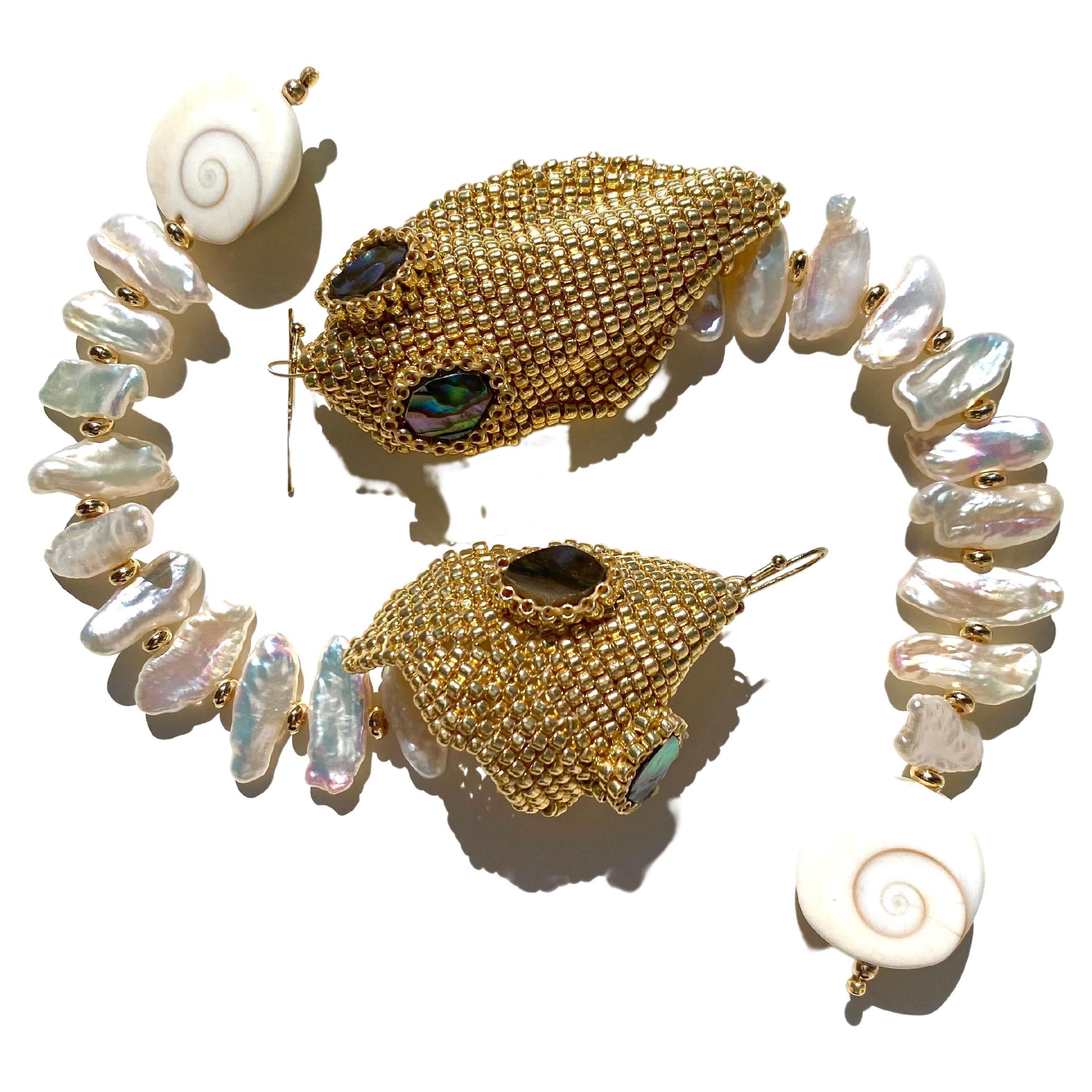 House of Dragon Pearl, Shell and Abalone Earring For Sale