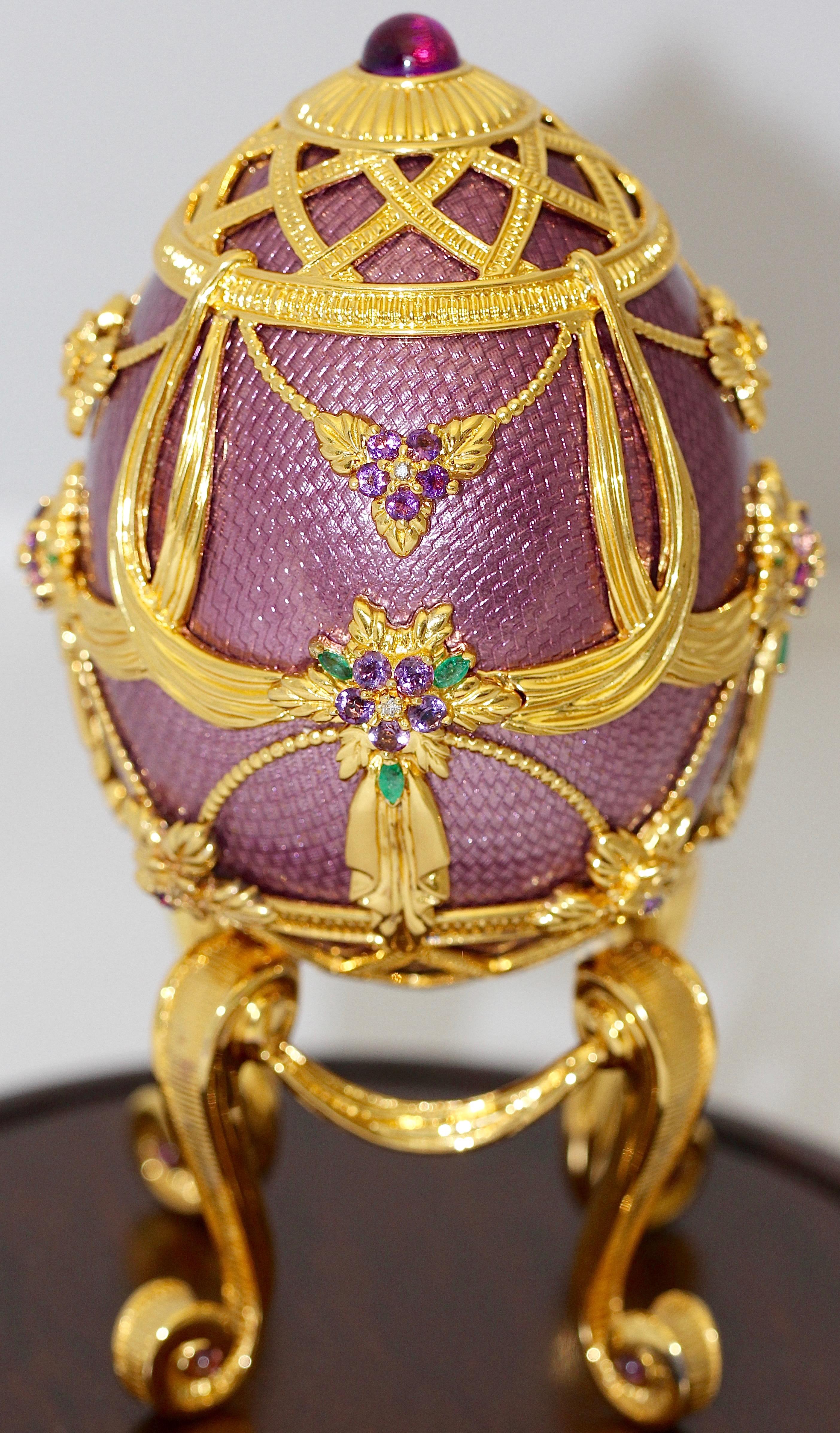 Extremely rare collector and lover object. This model was produced in a tiny number and only for selected customers.

House of Faberge JEWELED STERLING SILVER Egg set with Enamel, Diamonds, Emeralds and Amethysts.

Gold Plated & Sterling Silver.