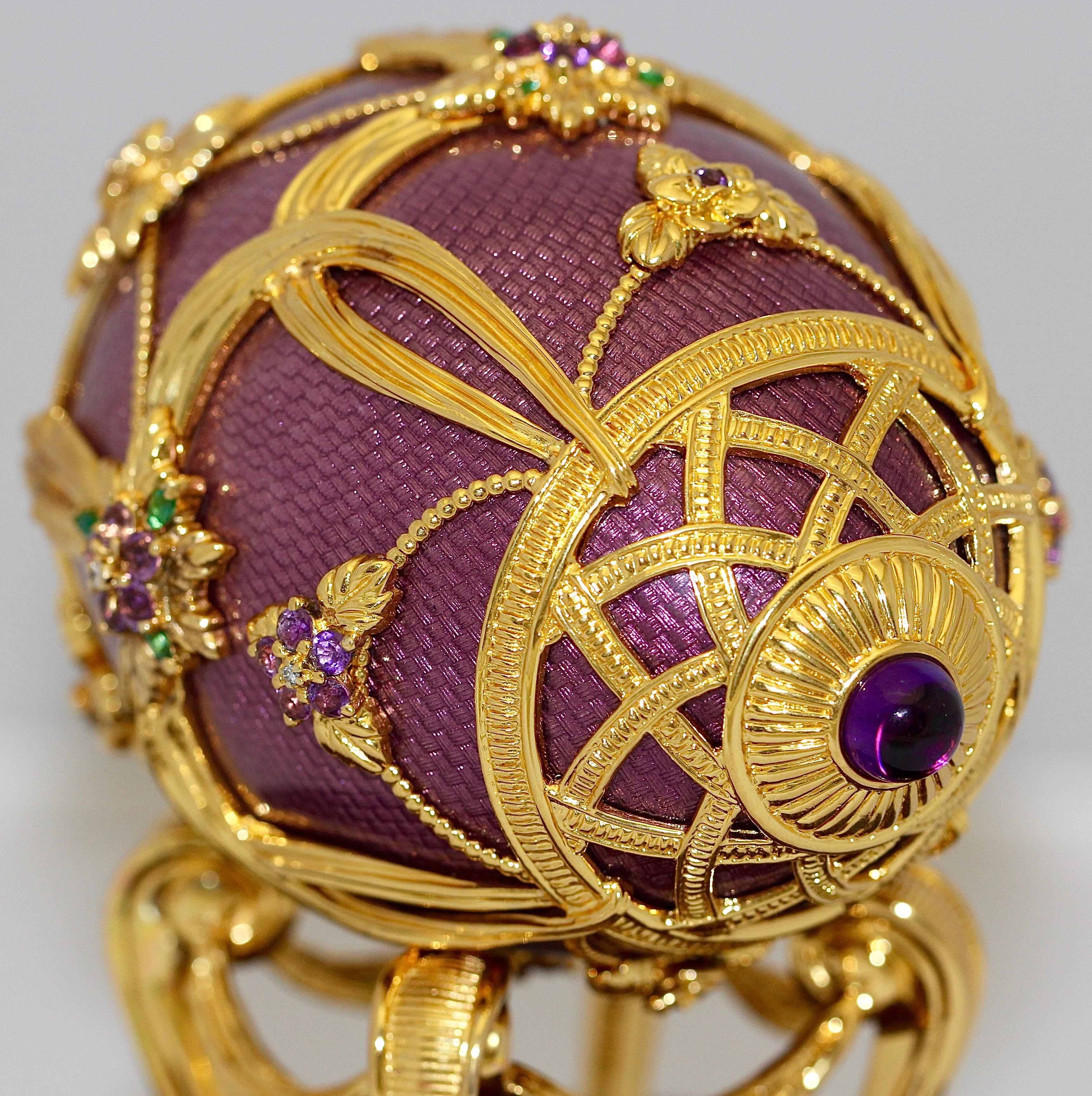 House of Faberge Jeweled Sterling Silver Egg, Enamel, Diamonds, Emerald Amethyst In Excellent Condition In Berlin, DE