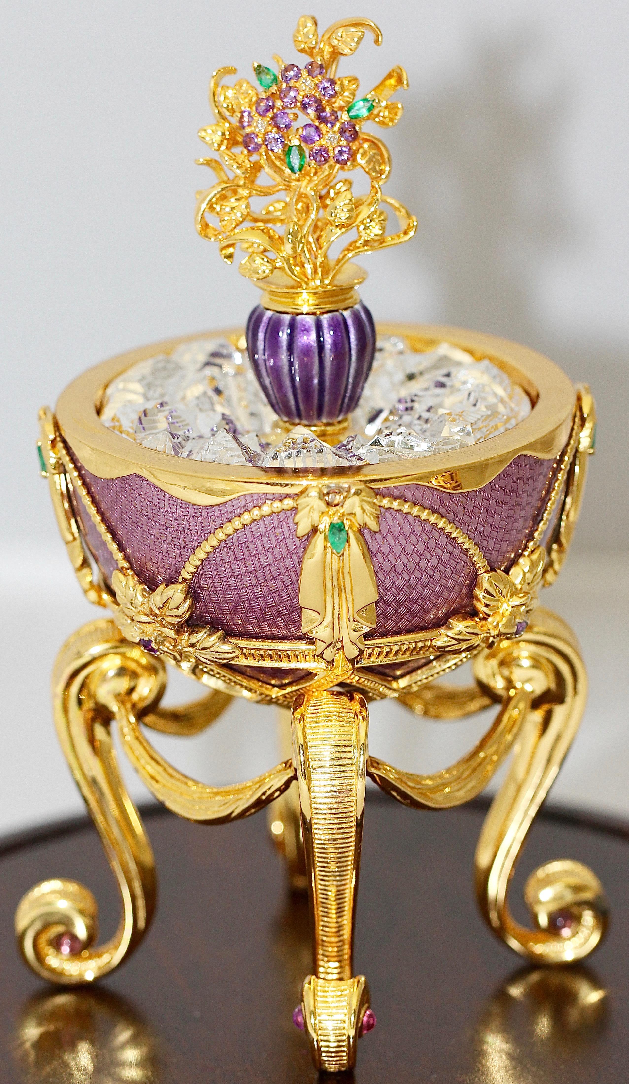 Women's or Men's House of Faberge Jeweled Sterling Silver Egg, Enamel, Diamonds, Emerald Amethyst