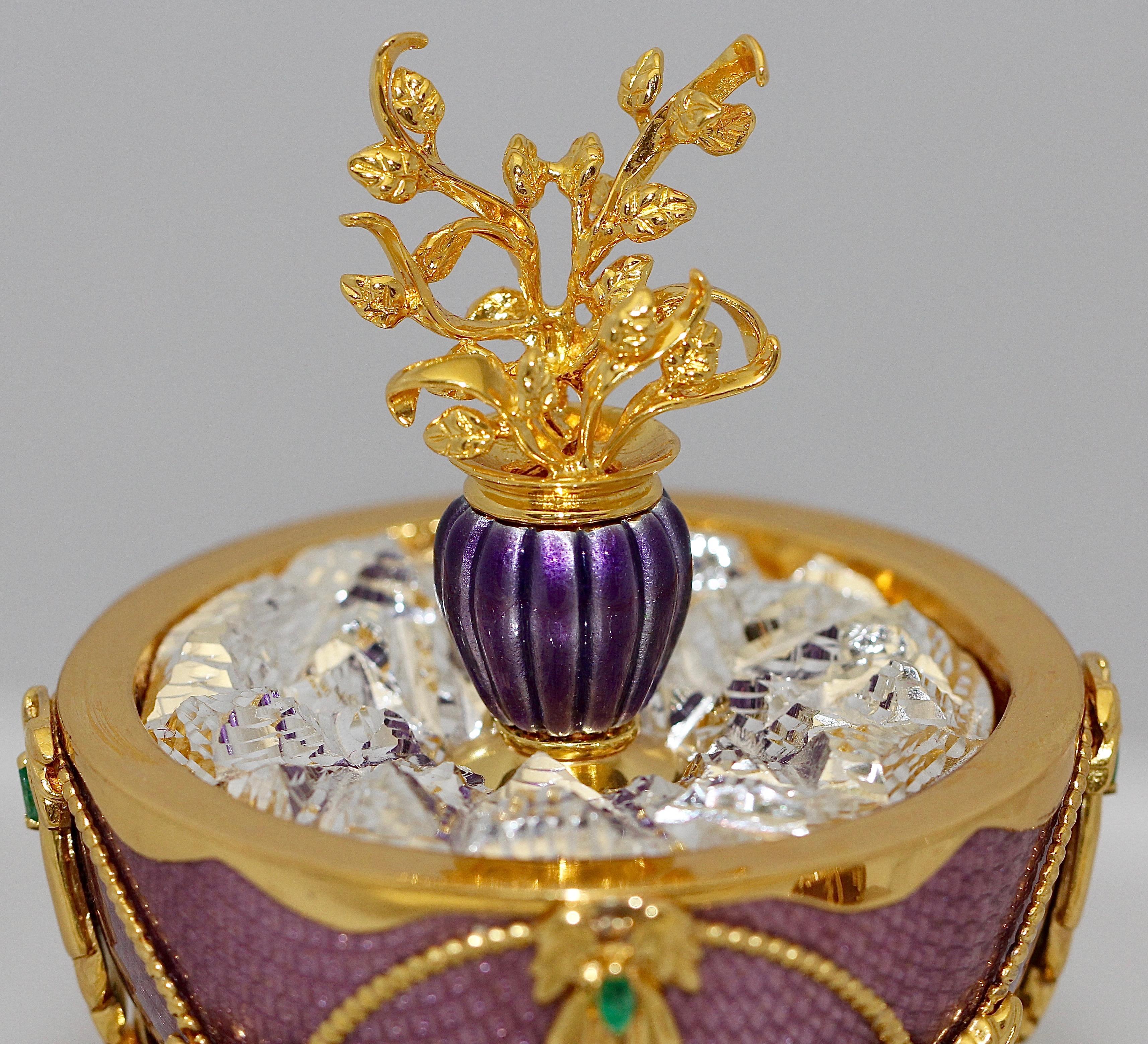 House of Faberge Jeweled Sterling Silver Egg, Enamel, Diamonds, Emerald Amethyst 2