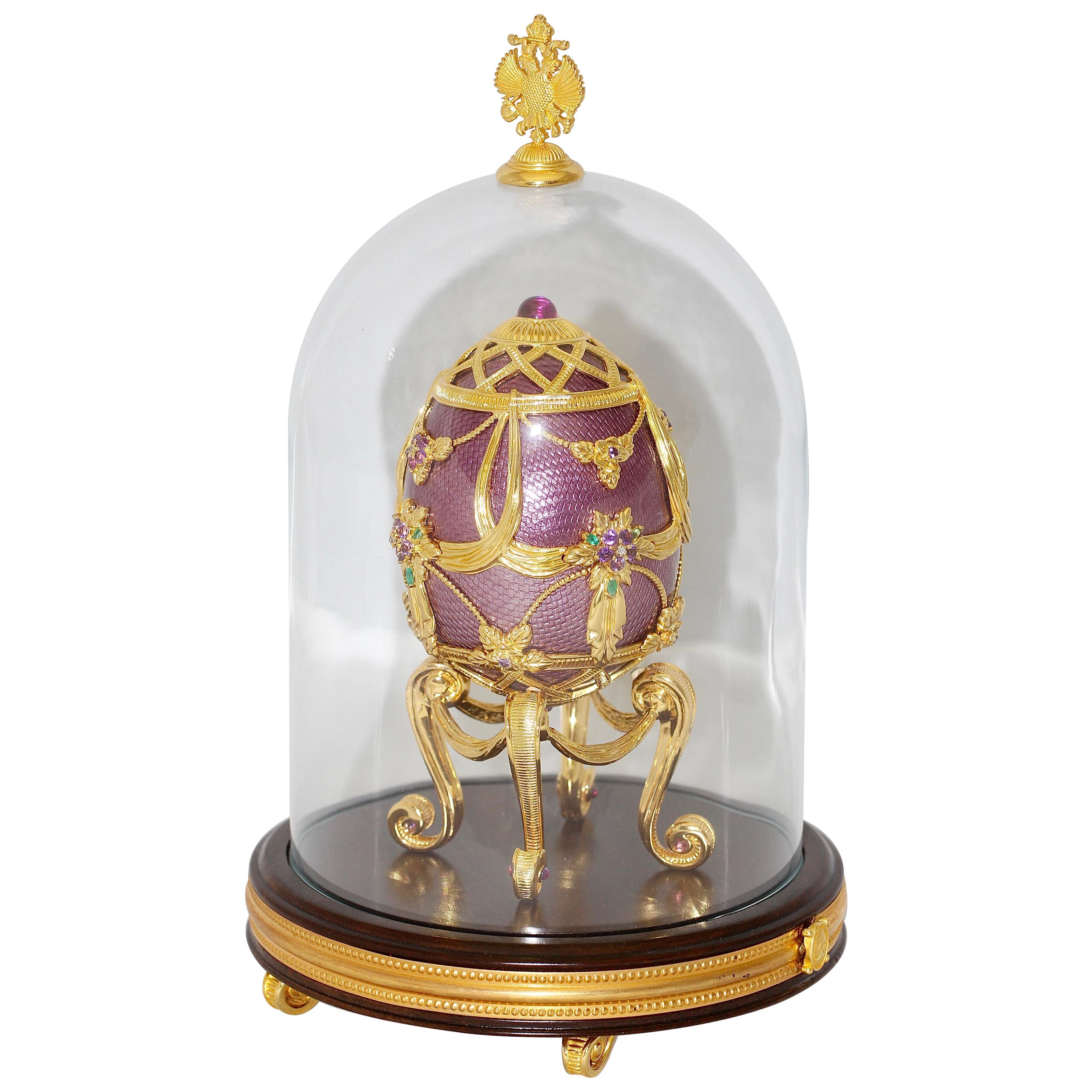 House of Faberge Jeweled Sterling Silver Egg, Enamel, Diamonds, Emerald Amethyst