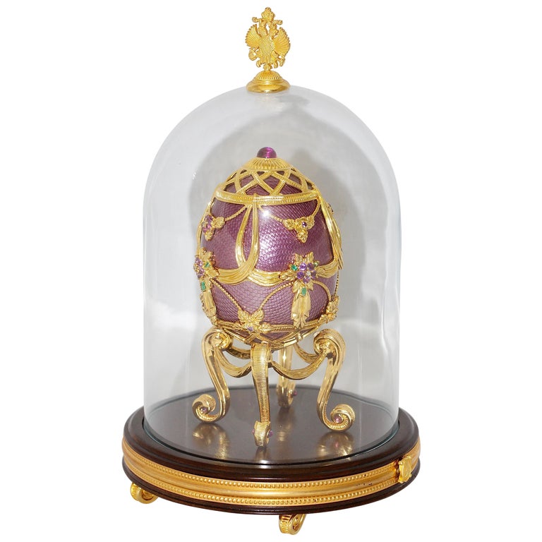House of Faberge Jeweled Sterling Silver Egg, Enamel, Diamonds, Emerald Amethyst at 1stDibs