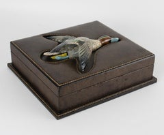 House of Gucci Stitched Leather Box with Ceramic Wild Duck Decor, circa 1960