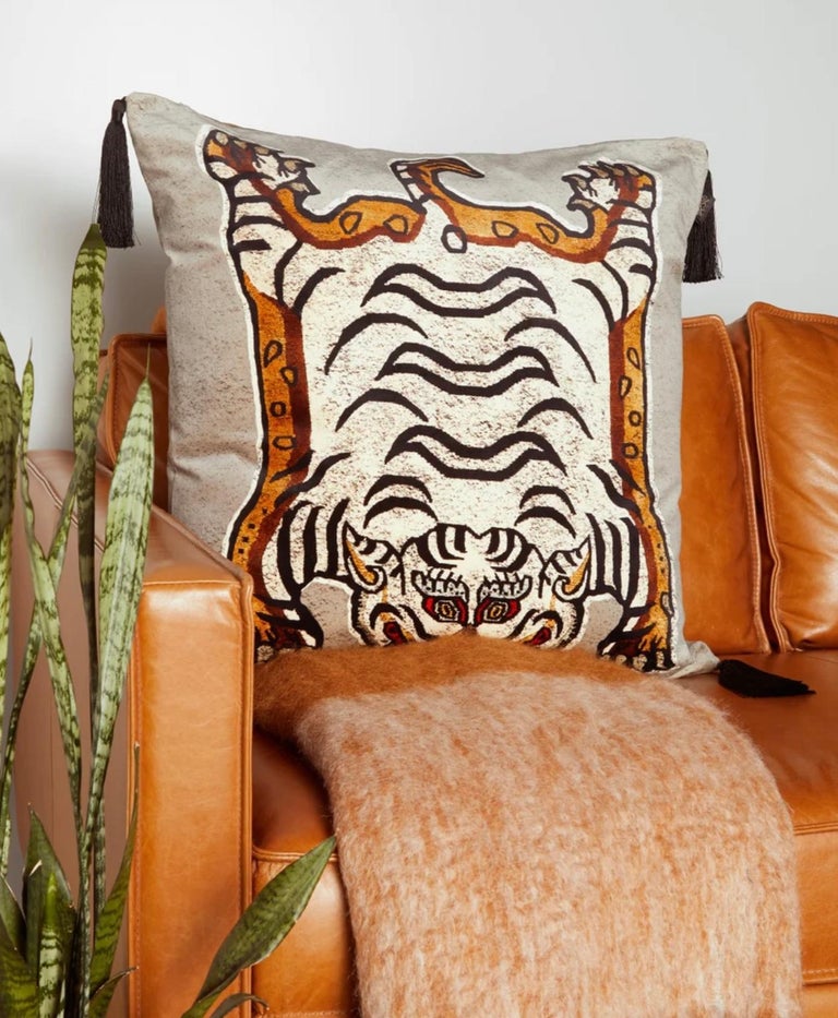 House of Hackney Grey and Beige Large Velvet Tigris Cushion, Pillow, UK