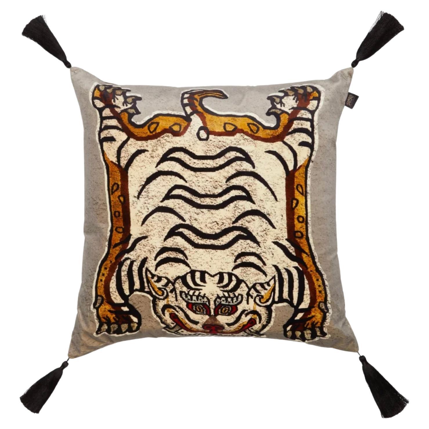 House of Hackney Grey and Beige Large Velvet Tigris Cushion, Pillow, UK For Sale