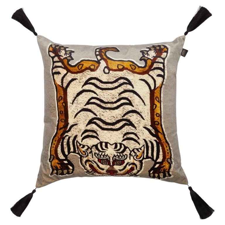 House of Hackney Grey and Beige Large Velvet Tigris Cushion, Pillow, UK