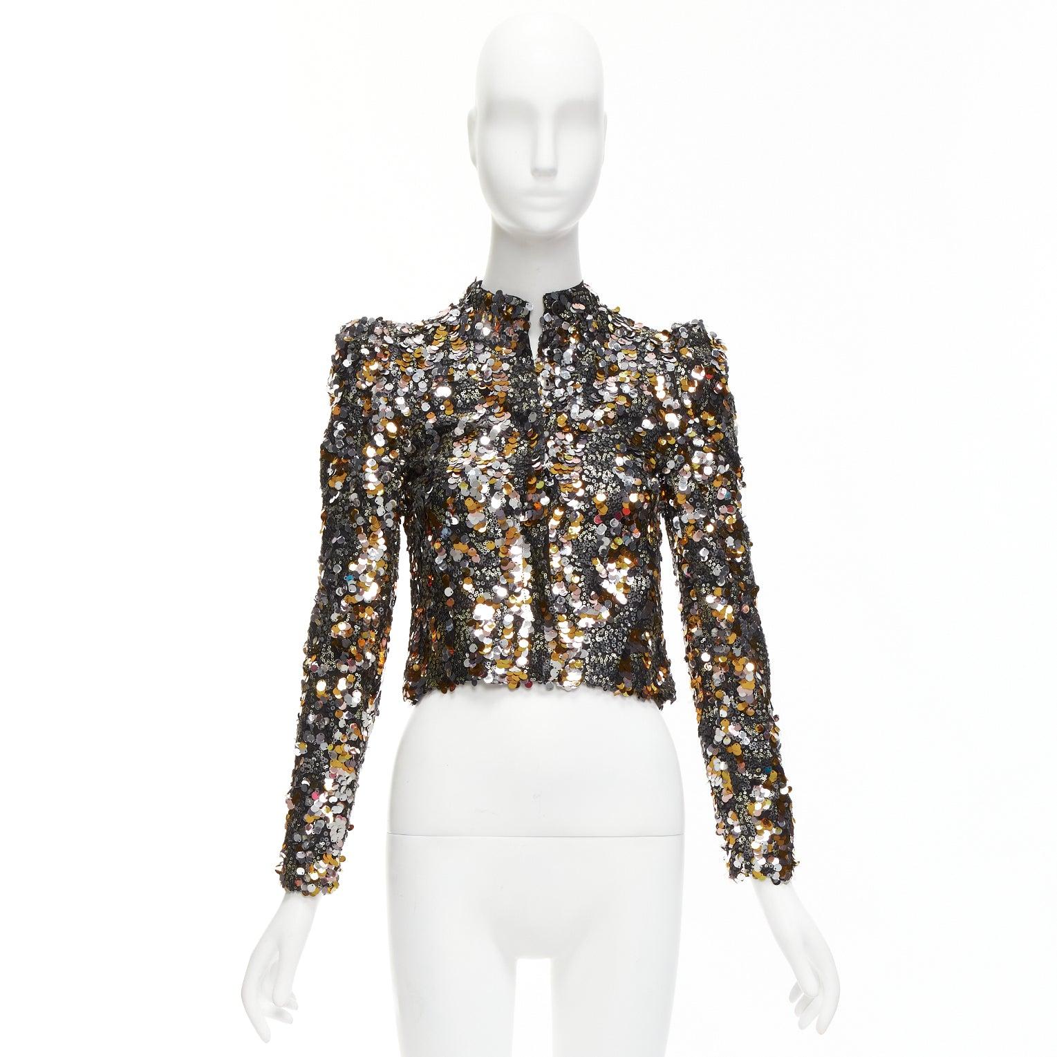 HOUSE OF HARLOW REVOLVE silver gold pailette sequins peak shoulder jacket XXS For Sale 6