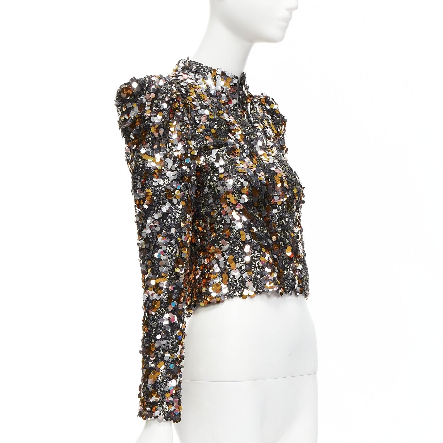 Women's HOUSE OF HARLOW REVOLVE silver gold pailette sequins peak shoulder jacket XXS For Sale
