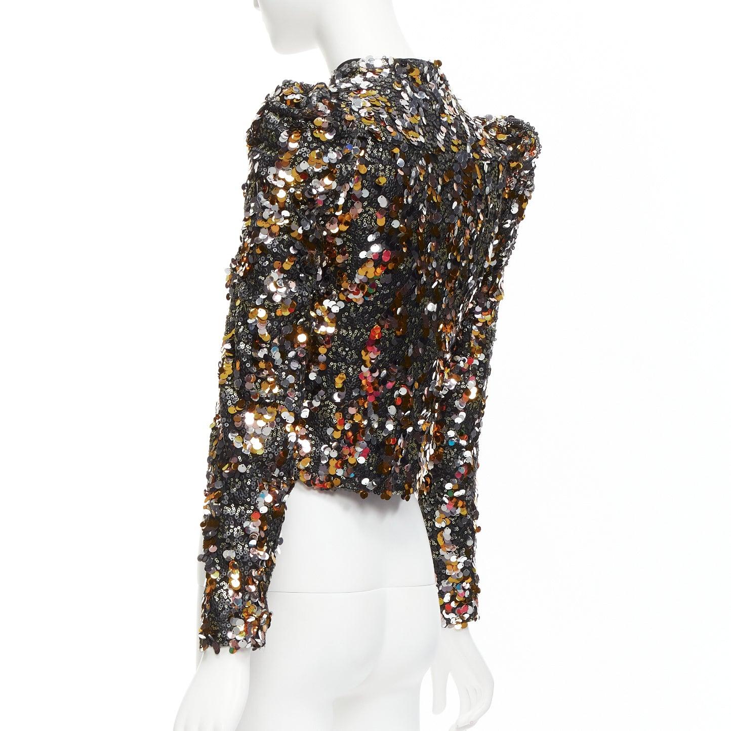 HOUSE OF HARLOW REVOLVE silver gold pailette sequins peak shoulder jacket XXS For Sale 3