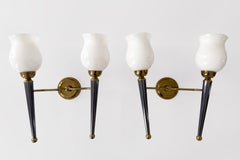 Att Maison Jansen, Pair of Sconces In Gilded & Blue Toned Metal & opaline