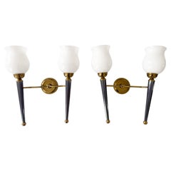 House of Jansen Att, Pair of Light Sconces In Gilded & Blue Toned Metal &opaline