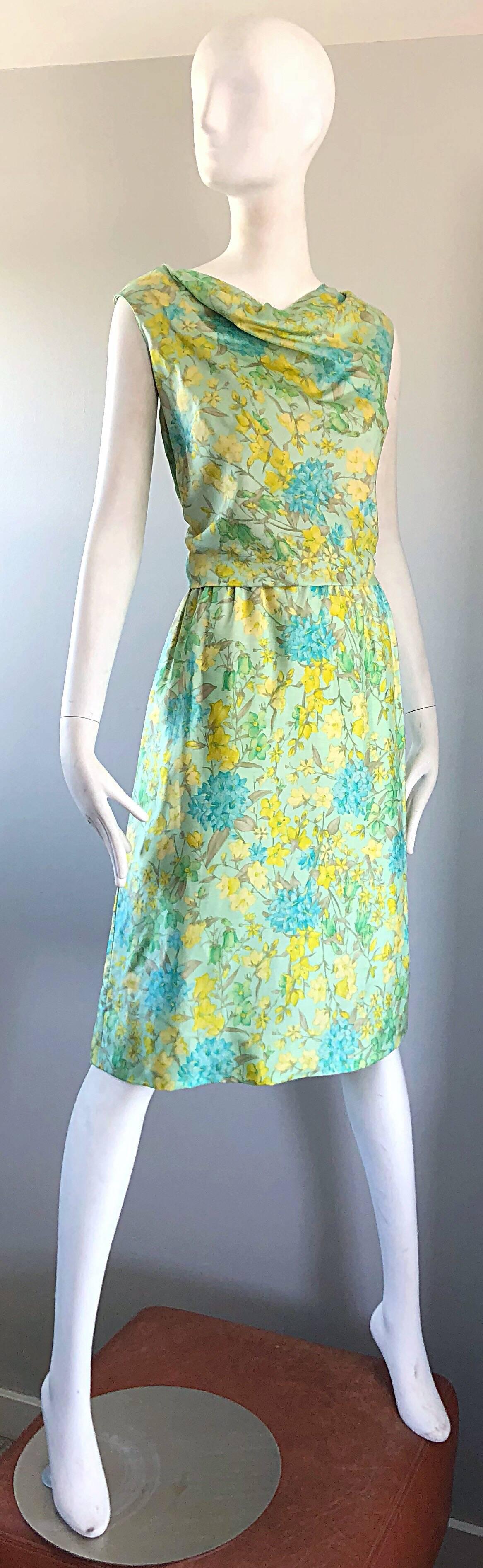 House of Lord's 1960s Blue Yellow Green Chic Pastel Vintage 60s Silk Shift Dress For Sale 3