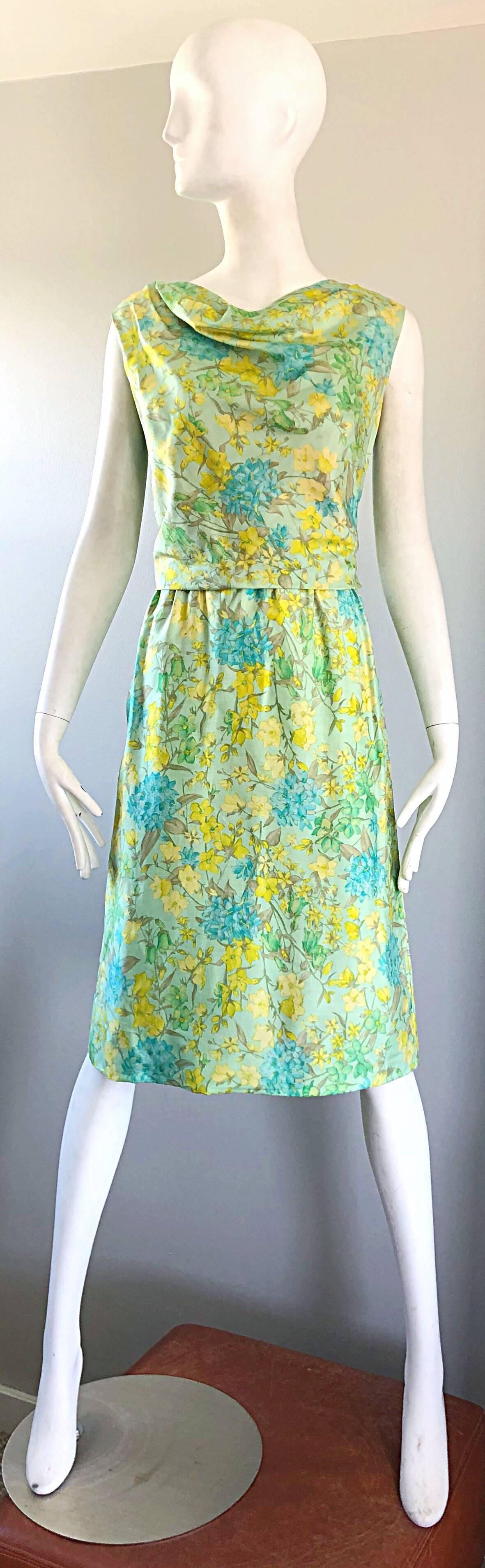 House of Lord's 1960s Blue Yellow Green Chic Pastel Vintage 60s Silk Shift Dress For Sale 5