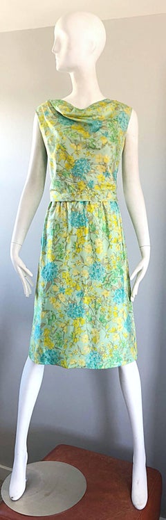 House of Lord's 1960s Blue Yellow Green Chic Pastel Vintage 60s Silk Shift Dress