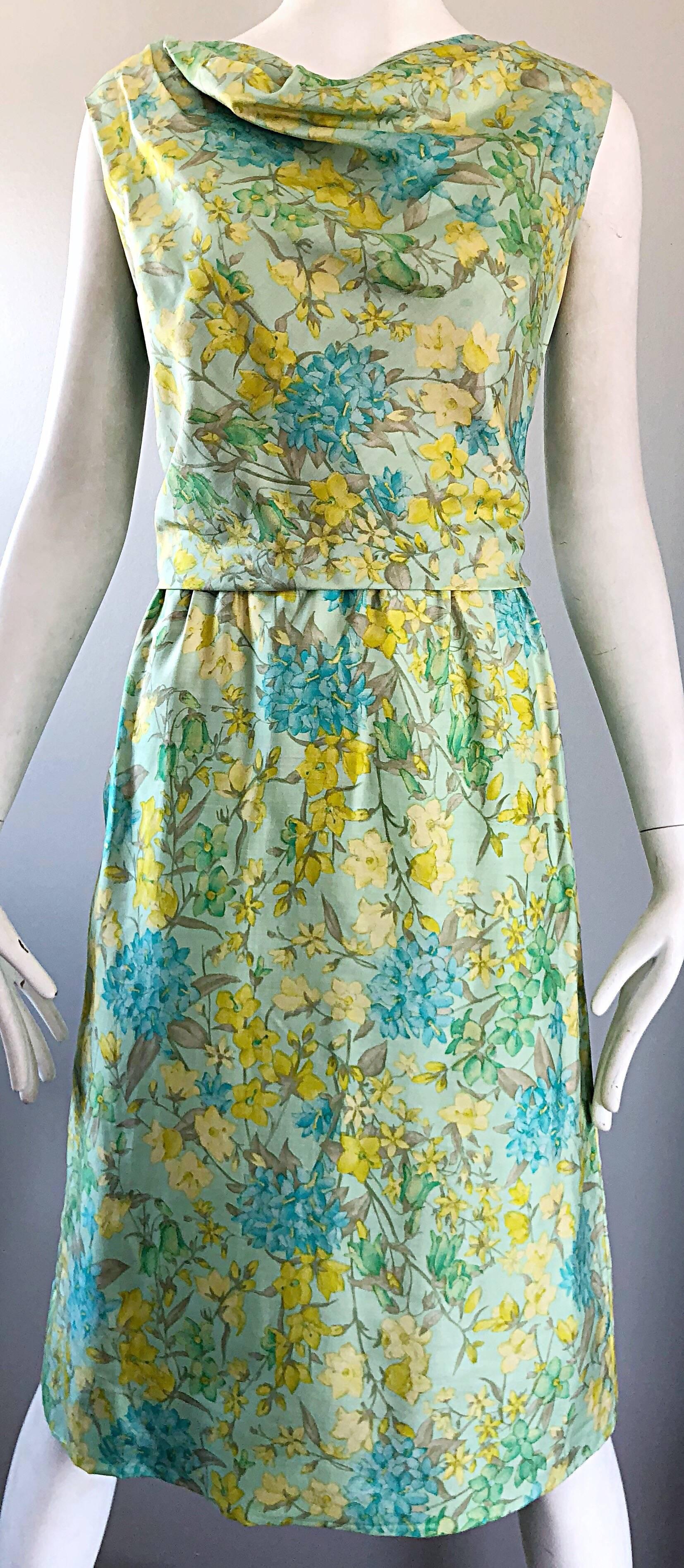 Women's House of Lord's 1960s Blue Yellow Green Chic Pastel Vintage 60s Silk Shift Dress For Sale