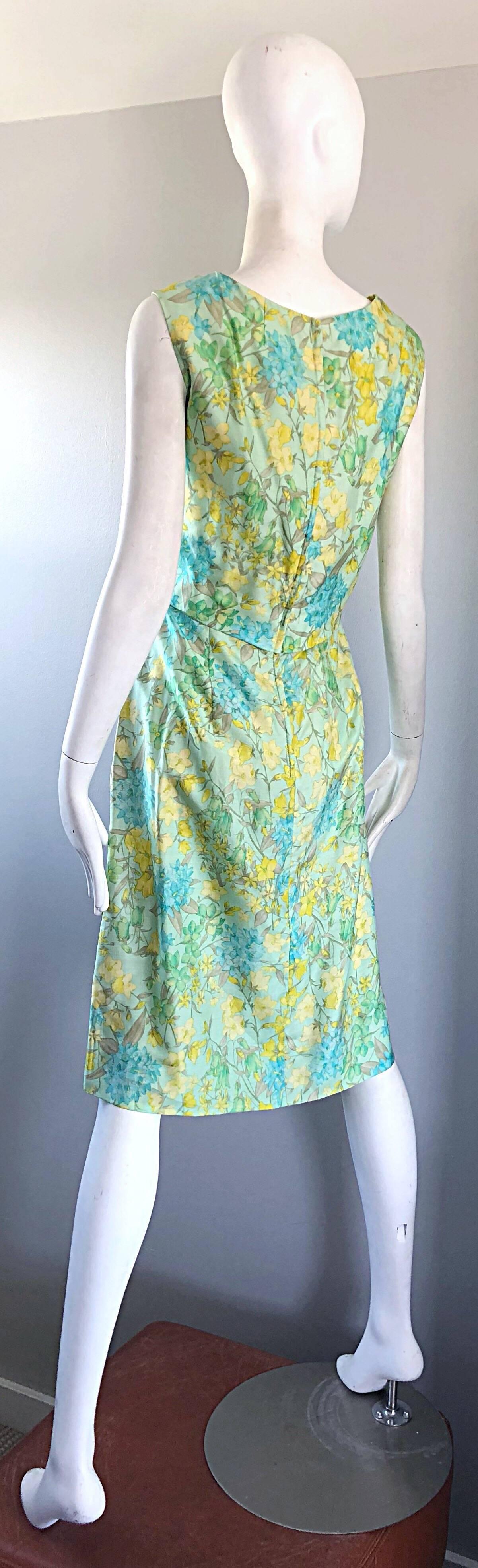 House of Lord's 1960s Blue Yellow Green Chic Pastel Vintage 60s Silk Shift Dress For Sale 1