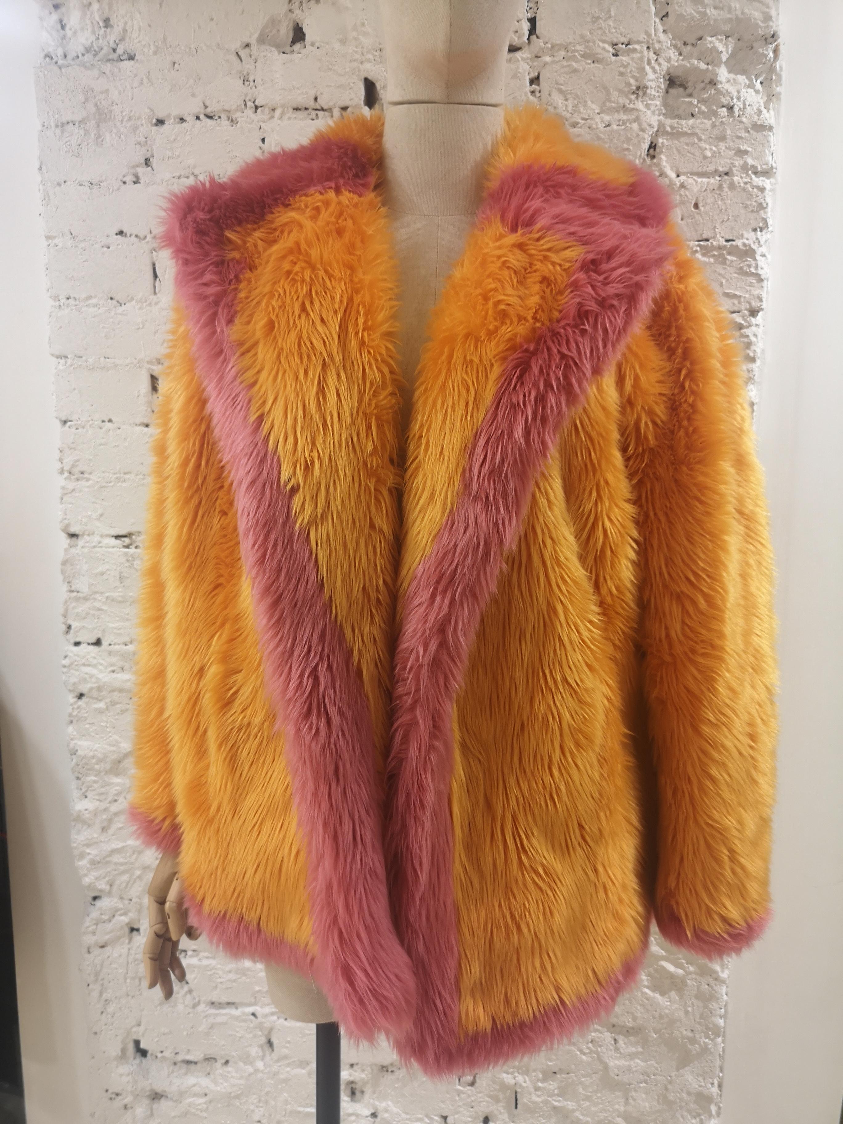 Brown House of Muamua orange pink faux fur jacket NWOT