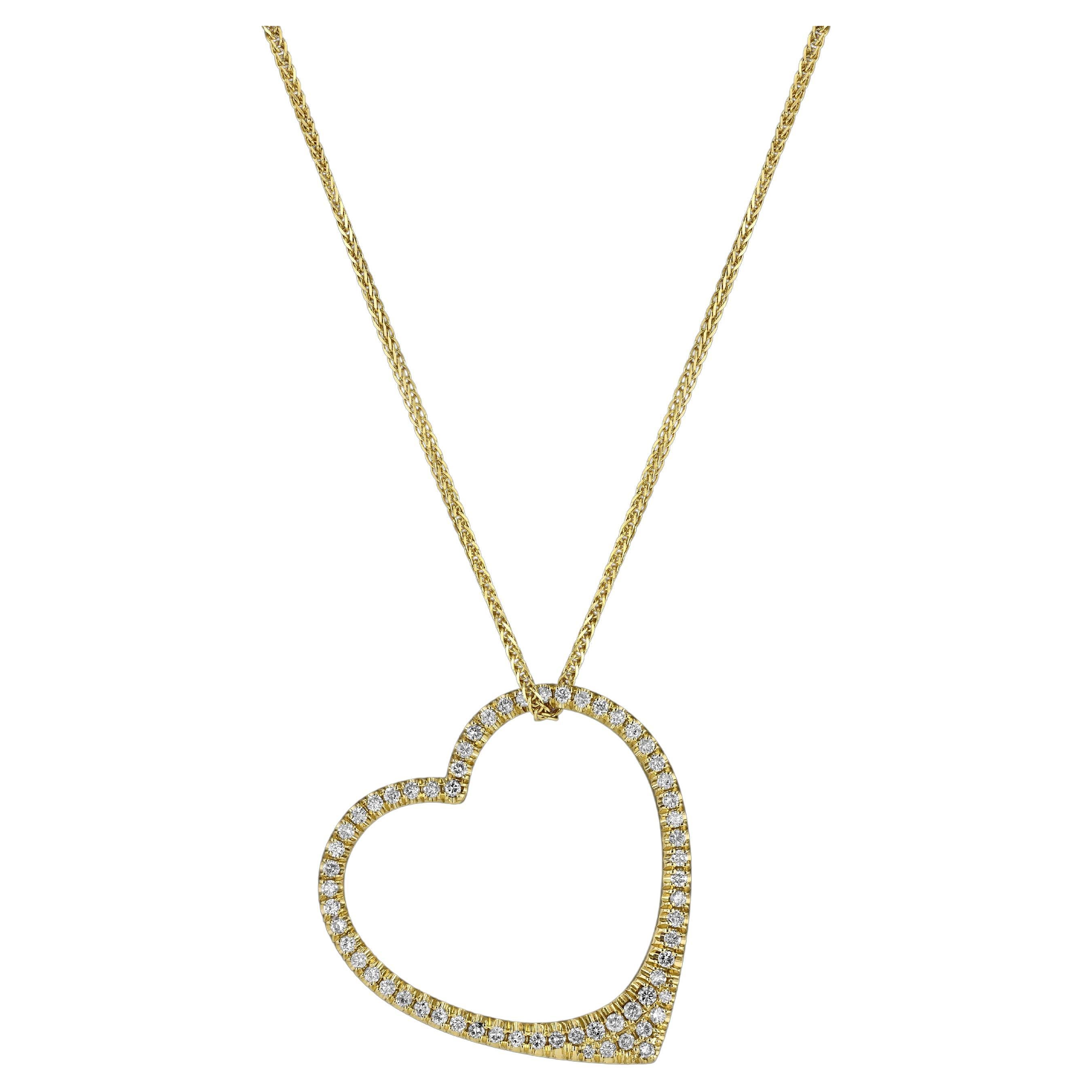 House of RAVN, pendentif cœur ouvert en or jaune 10 carats, avec 66 diamants et chaîne de 18 pouces en vente