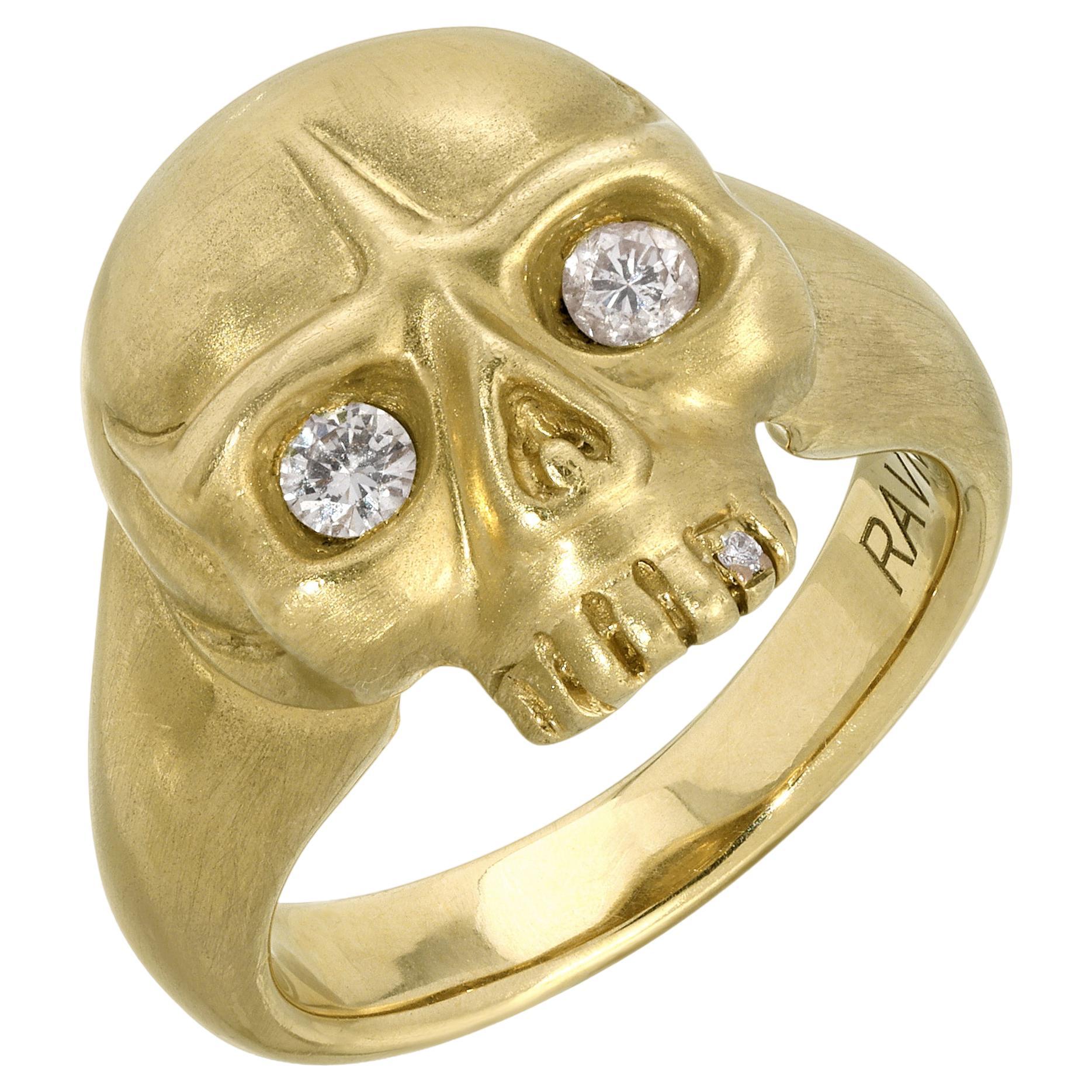 House of RAVN, 14k Gold Hand Carved Petite Skull Ring with Diamond Eyes For Sale