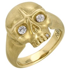 House of RAVN, 14k Gold Hand Carved Petite Skull Ring with Diamond Eyes