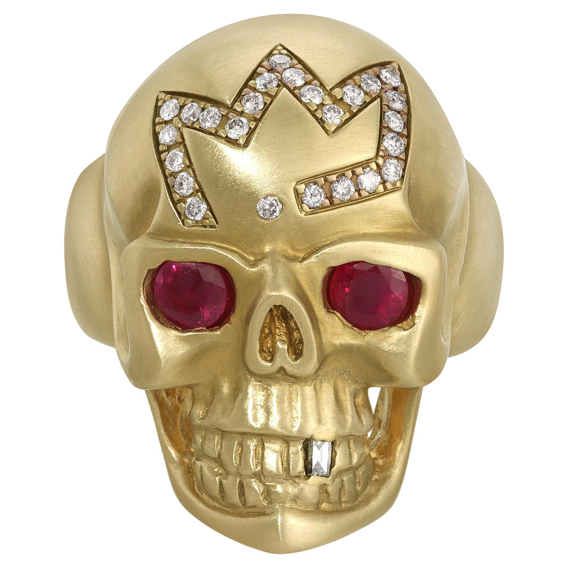 House of RAVN, 14k Gold Large OG Skull, with Ruby eyes and Diamond Crown 