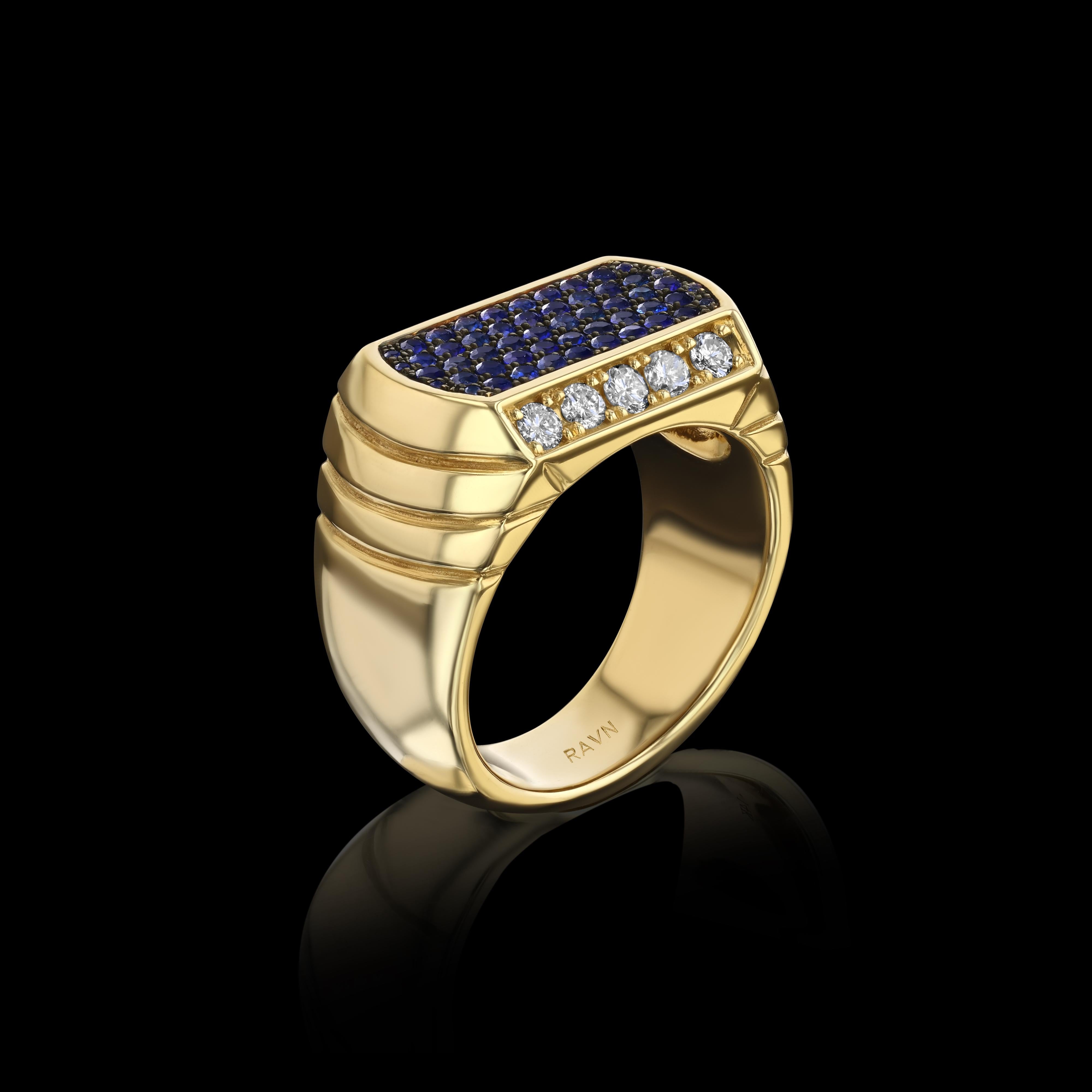 14k yellow gold, Unisex, Art Deco, Signet RIng with 10 Diamonds (.60ct) and 52 Sapphires (.95ct).