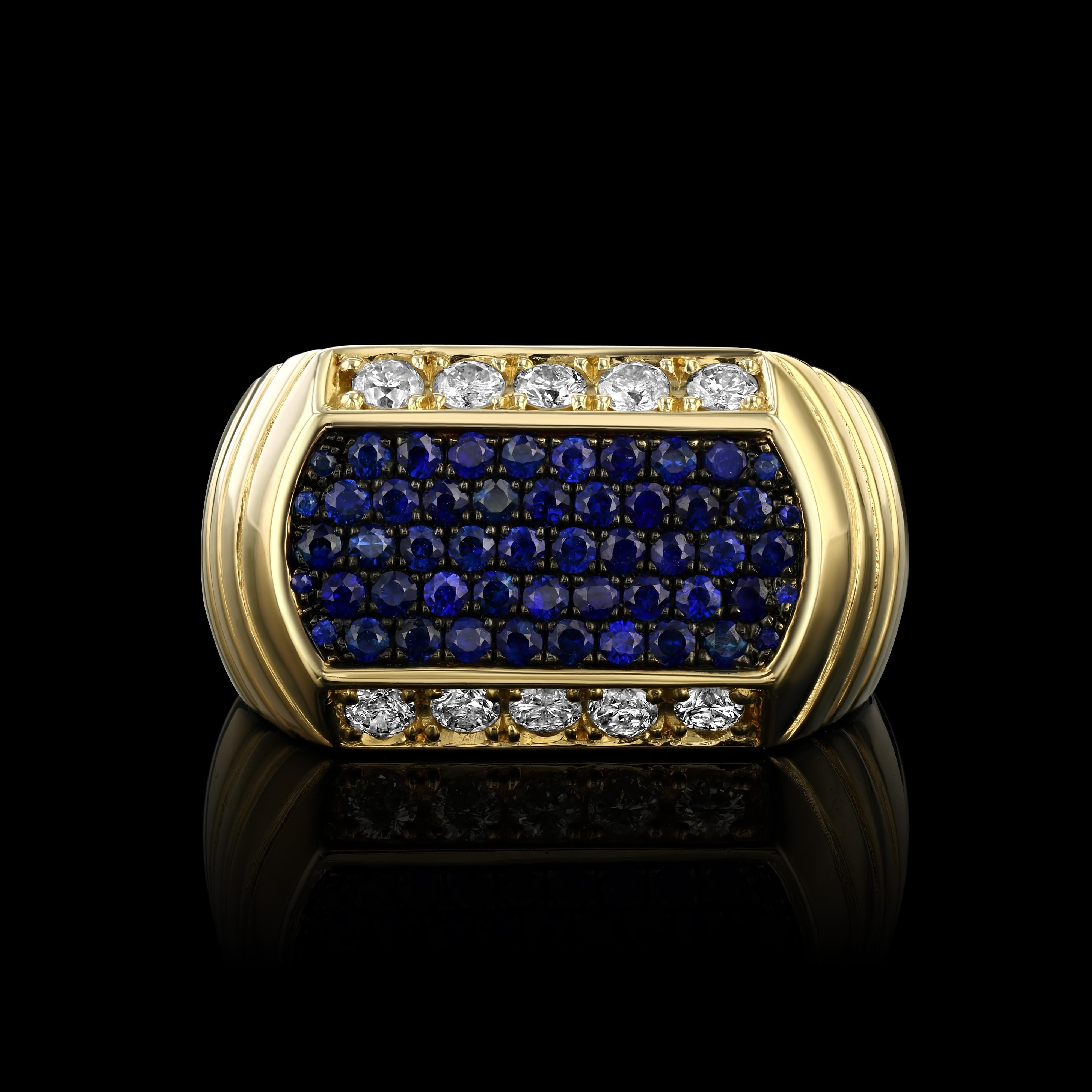 Contemporary House of RAVN, 14k Gold Unisex Art Deco Signet Ring, with Diamonds and Sapphires For Sale