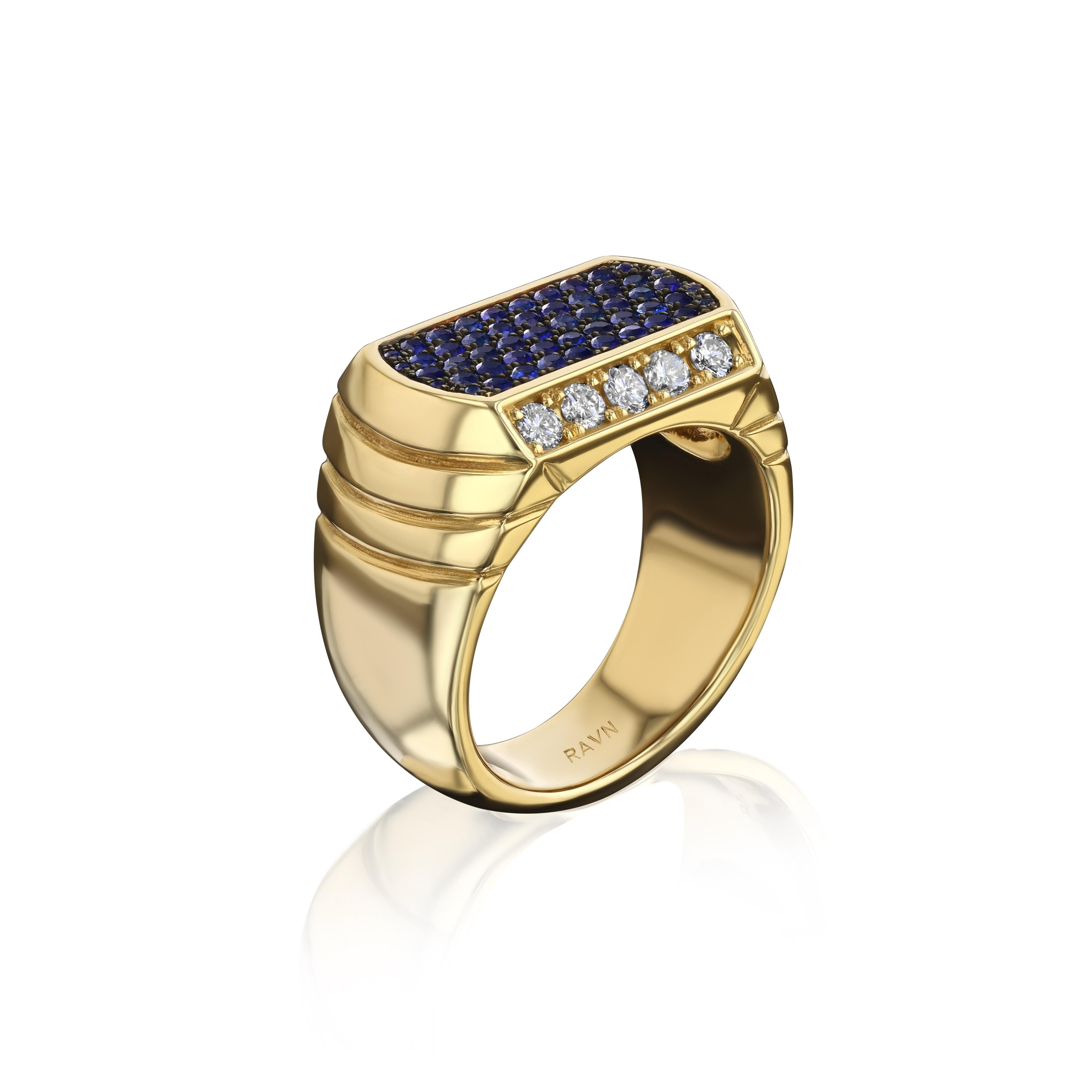 Round Cut House of RAVN, 14k Gold Unisex Art Deco Signet Ring, with Diamonds and Sapphires For Sale