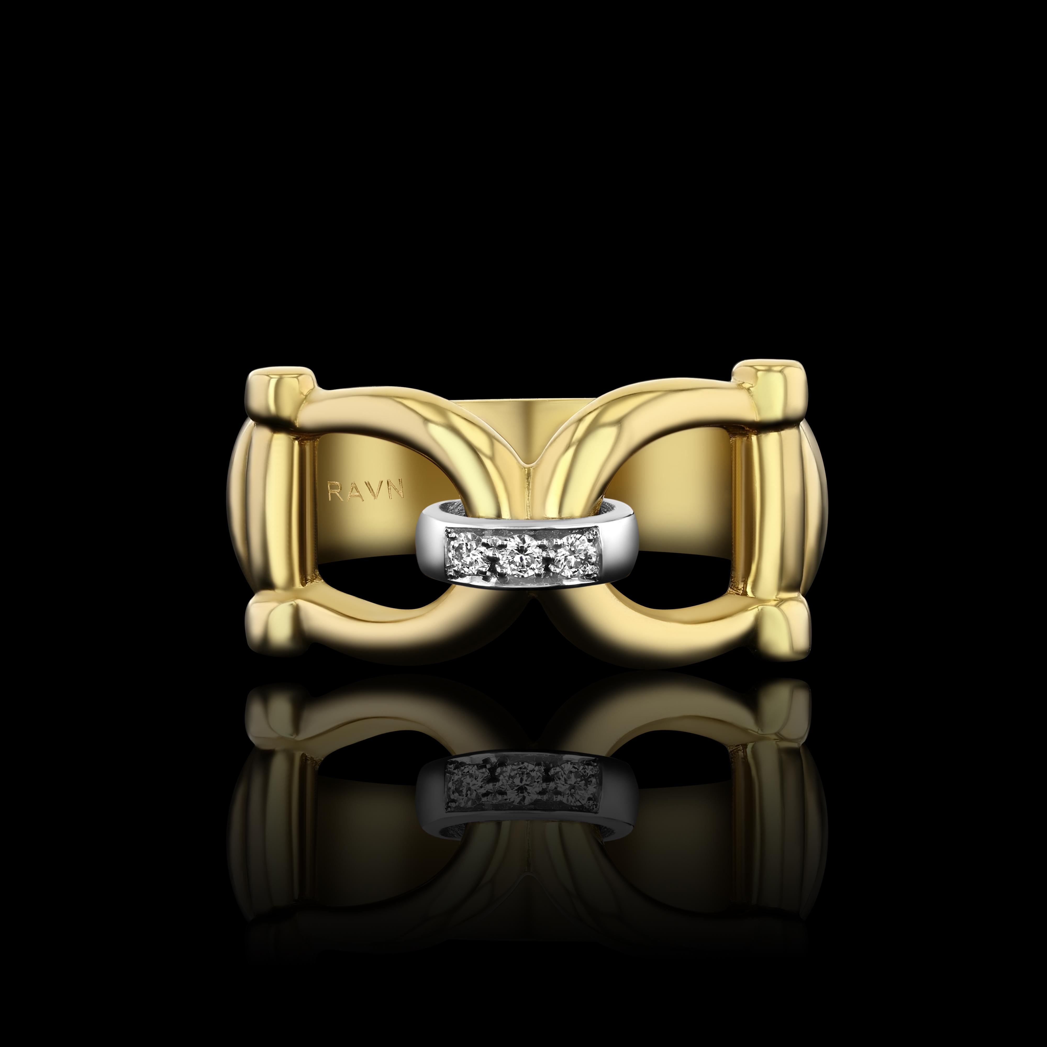 Hand carved, 18k yellow gold and platinum Horse Bit ring with three 1.5mm round cut diamonds.

Also available in 14k.


The Equine Collection, by House of RAVN: a fusion of designer Angela Kroeger's passions: the artistry of fine jewelry and the