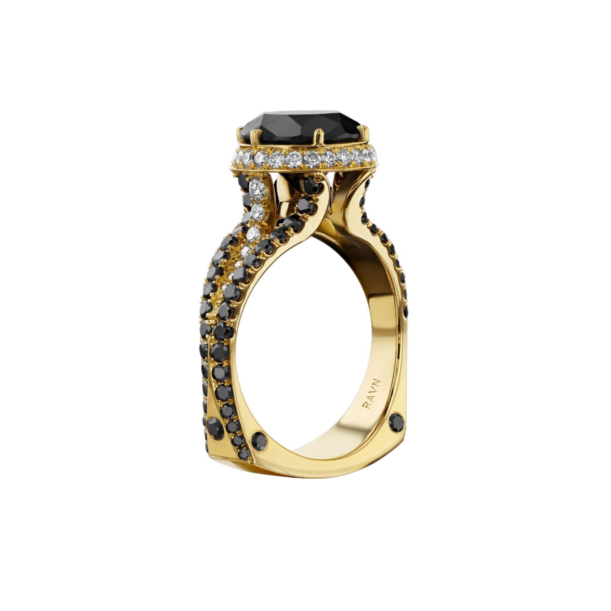 Round Cut House of RAVN, 18k Gold, 3.77 Carat Black Diamond Ring For Sale
