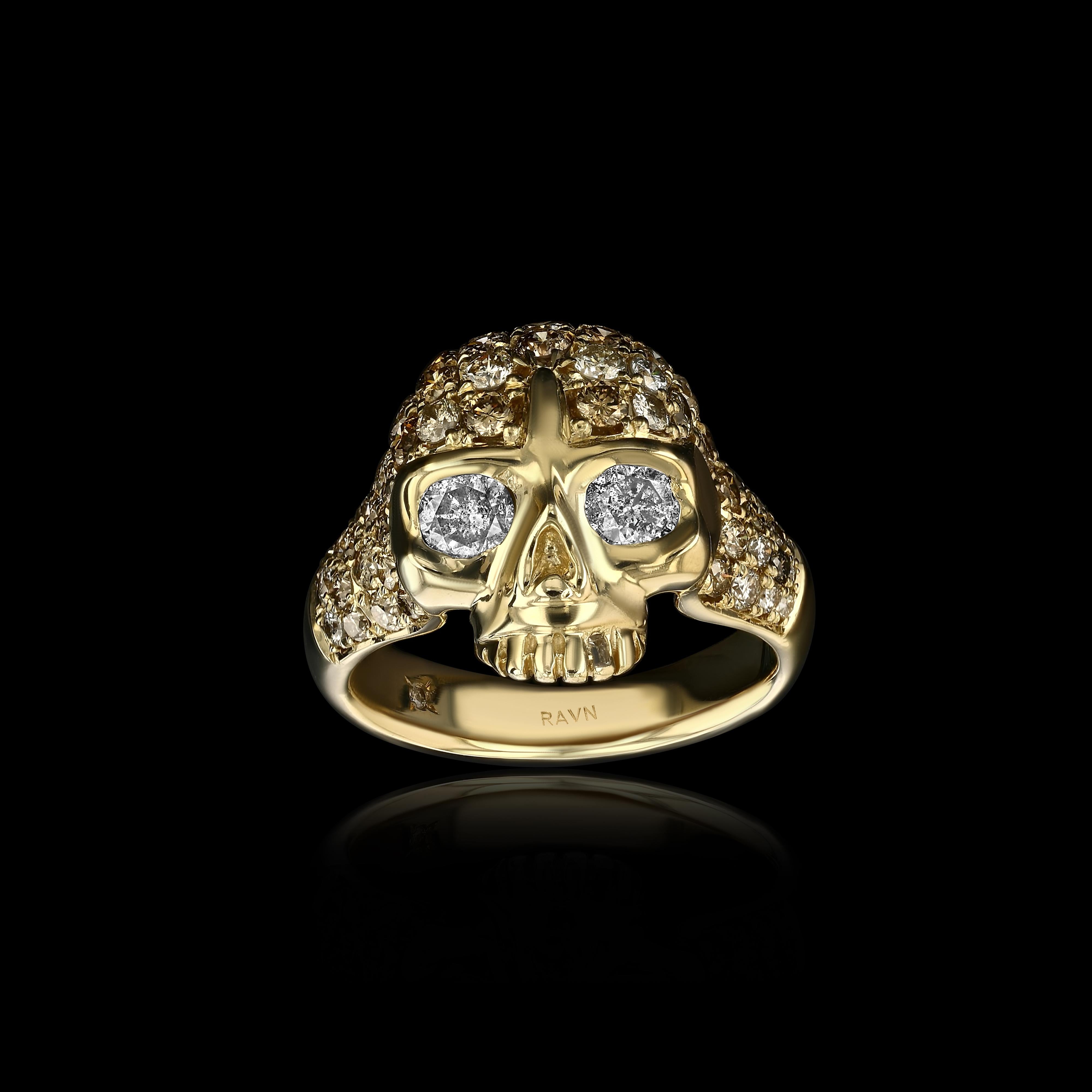Contemporary House of RAVN, 18k Gold Hand Carved Bling Petite Skull Ring with Diamond Eyes For Sale