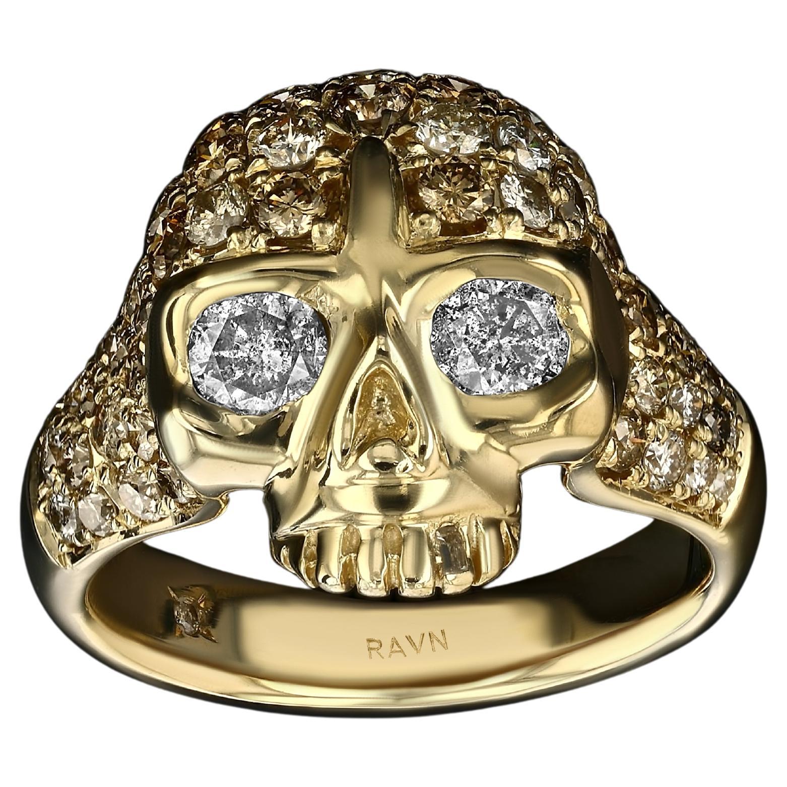 House of RAVN, 18k Gold Hand Carved Bling Petite Skull Ring with Diamond Eyes For Sale
