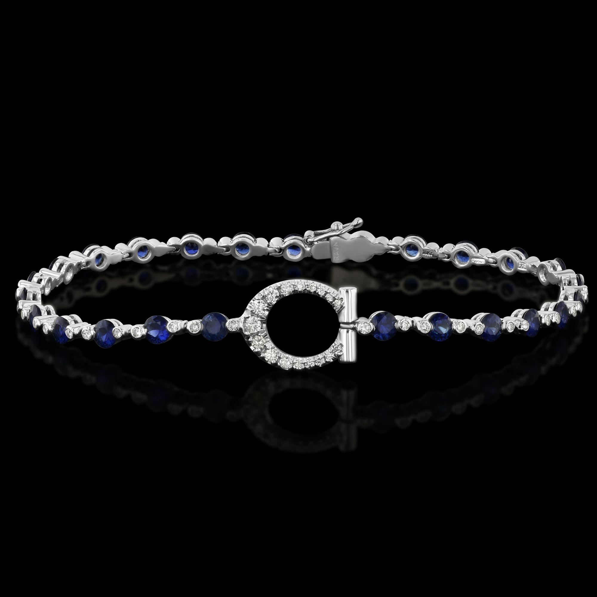 Round Cut House of RAVN, Blue Sapphire & Diamond Horsebit Bracelet, Equine Collection