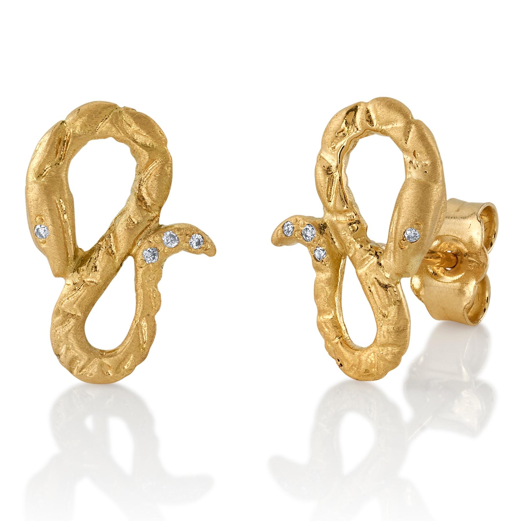 Contemporary House of RAVN, 18k Gold Hand Carved Coiled Serpent Earrings/ Snake Stud Earrings For Sale