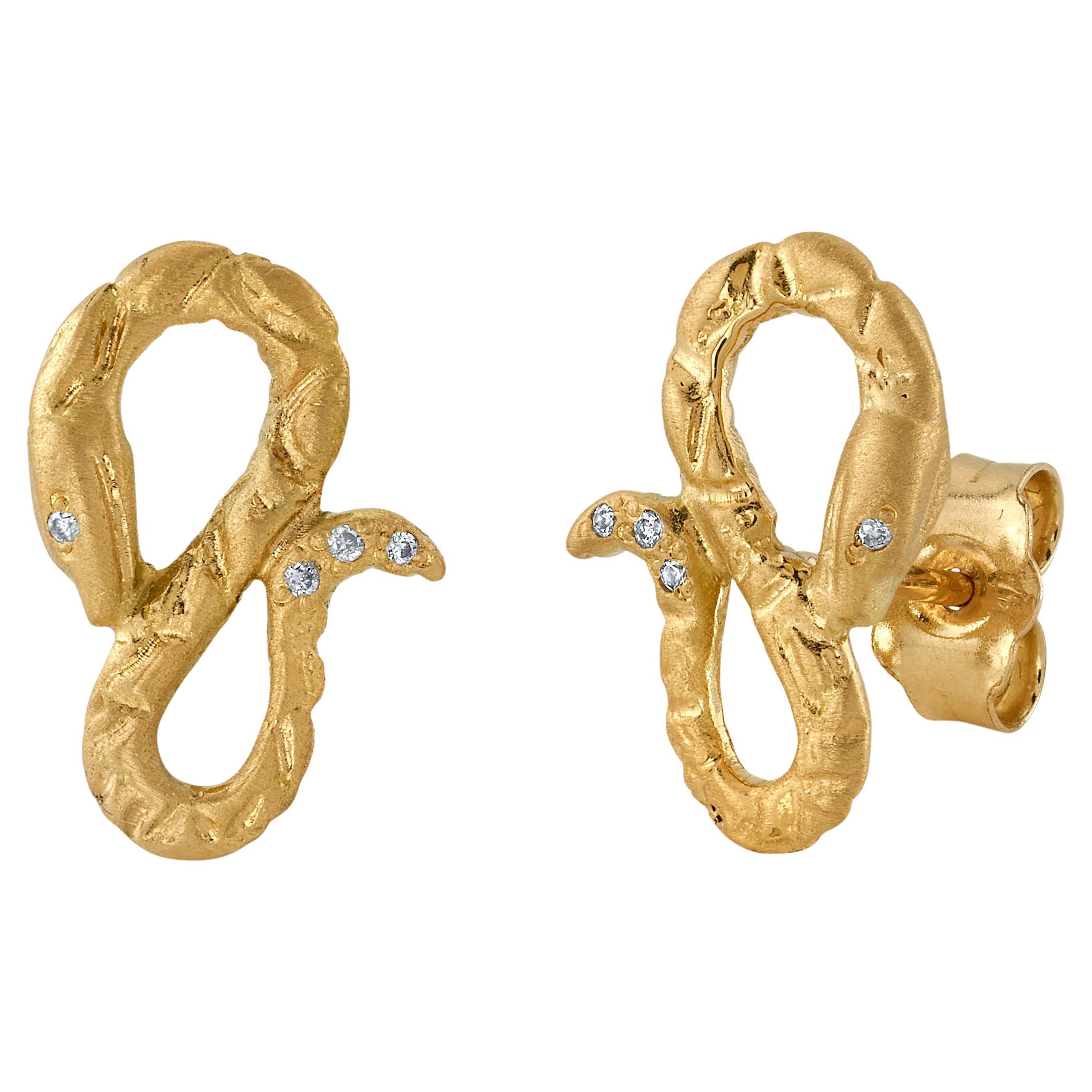 House of RAVN, 18k Gold Hand Carved Coiled Serpent Earrings/ Snake Stud Earrings For Sale