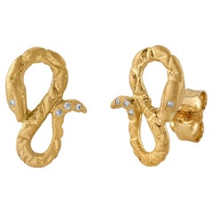 House of RAVN, 18k Gold Hand Carved Coiled Serpent Earrings/ Snake Stud Earrings