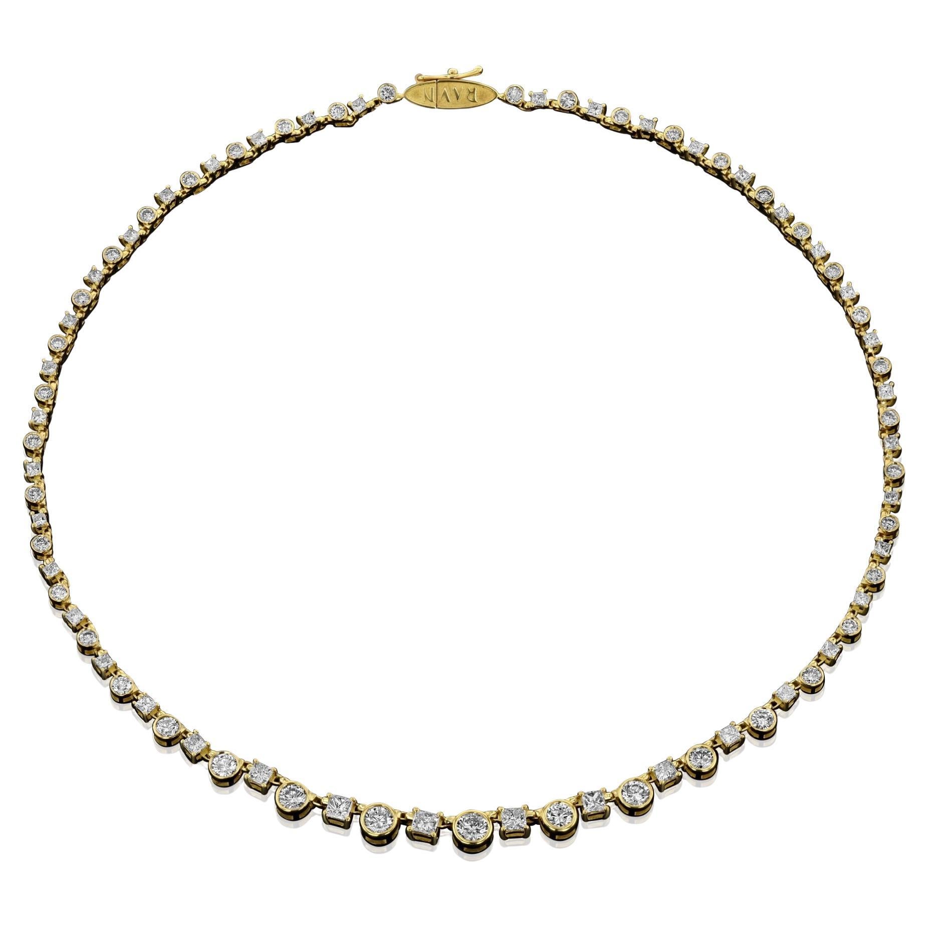 House of RAVN, 18 Karat Gold Diamant-Tennis-Halskette, Prinzessin und Rundschliff, 9,01 Karat im Angebot