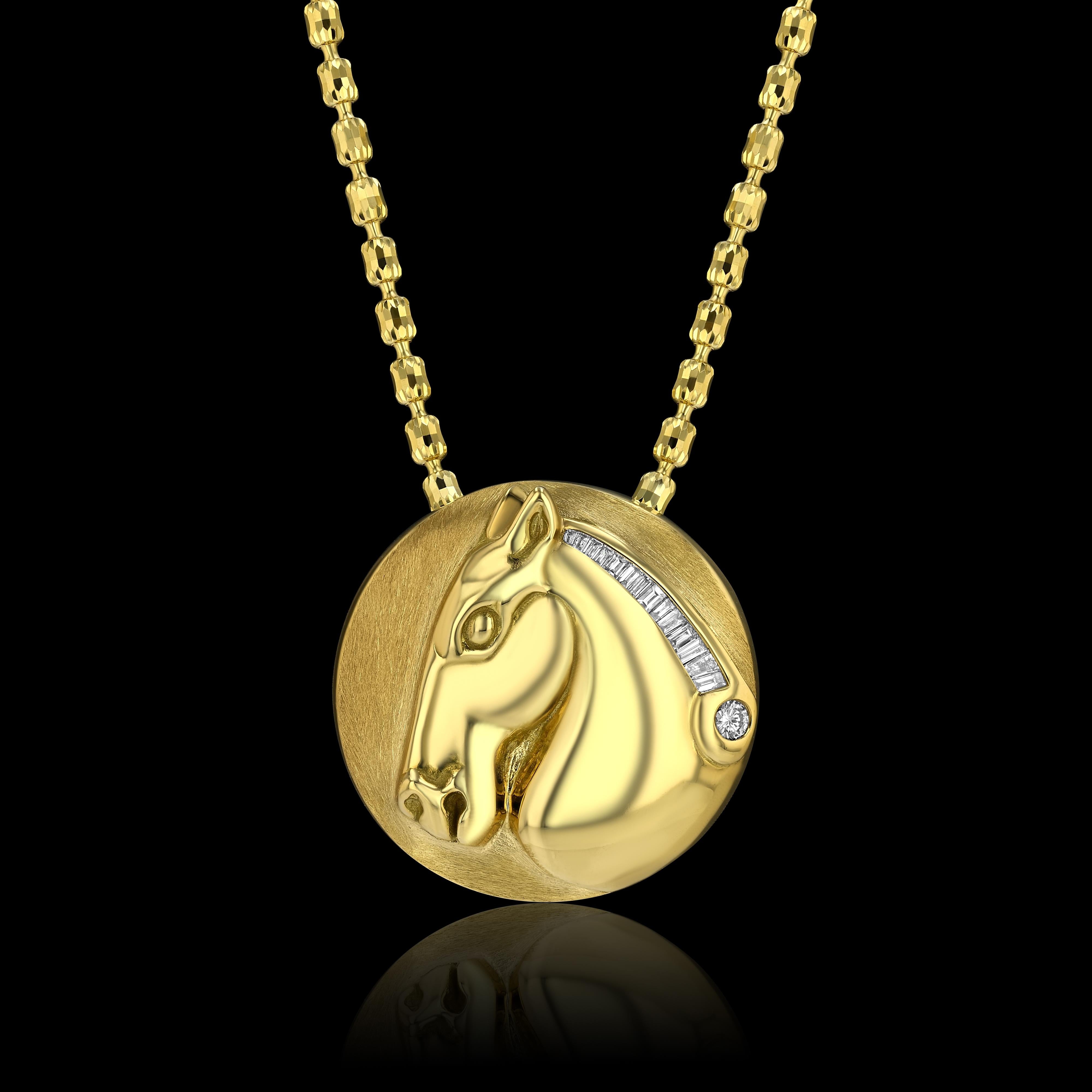 Hand carved, 18k yellow gold Roman Horse Medallion, from the House of RAVN Equine Collection.

Features .42ct baguette and .10ct round diamond mane and 18k yellow gold chain.


The Equine Collection, by House of RAVN: a fusion of designer Angela