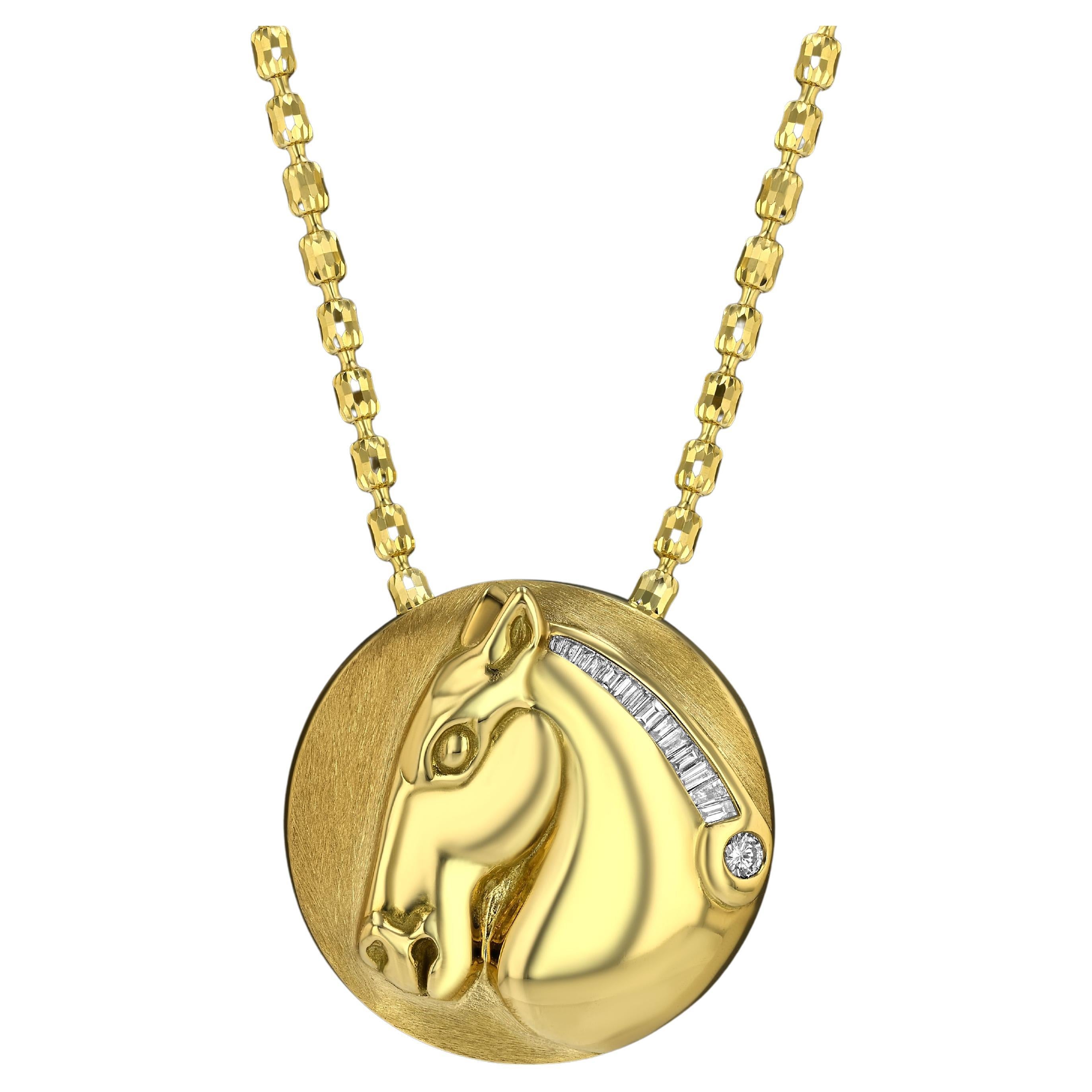 House of RAVN, 18k Gold Roman Horse Medallion with Baguette Diamond Mane For Sale