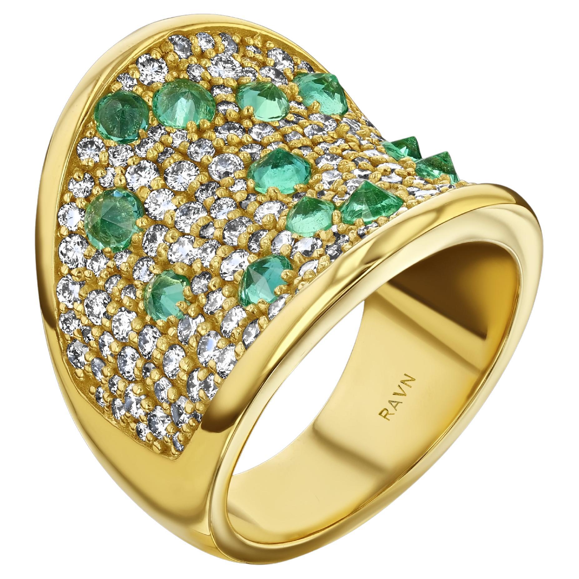 House of RAVN, 18k Gold Saddle Ring w/ Diamonds & Inverted Emeralds, Equine Coll