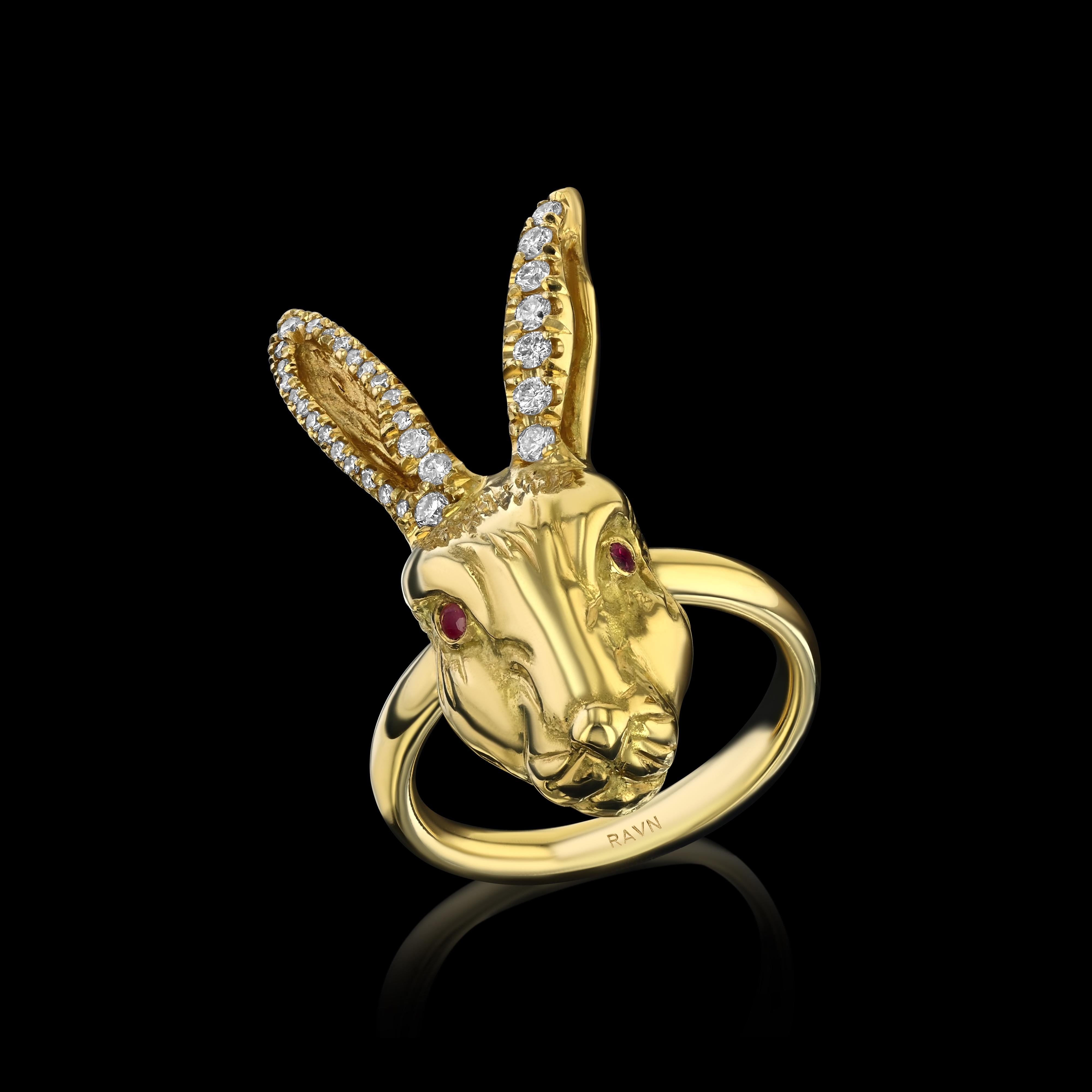 18k yellow gold, hand carved, Wonderland Rabbit Ring with Ruby eyes and 31 diamonds encrusted ears (0.26ct), from the House of RAVN Wild Heart Collection.