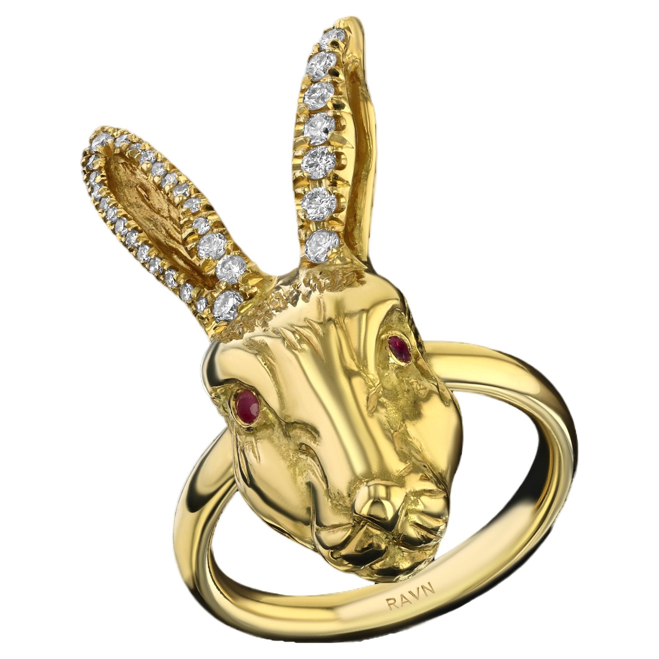 House of RAVN, 18k Gold Wonderland Rabbit Ring with Diamond Ears & Ruby Eyes  For Sale