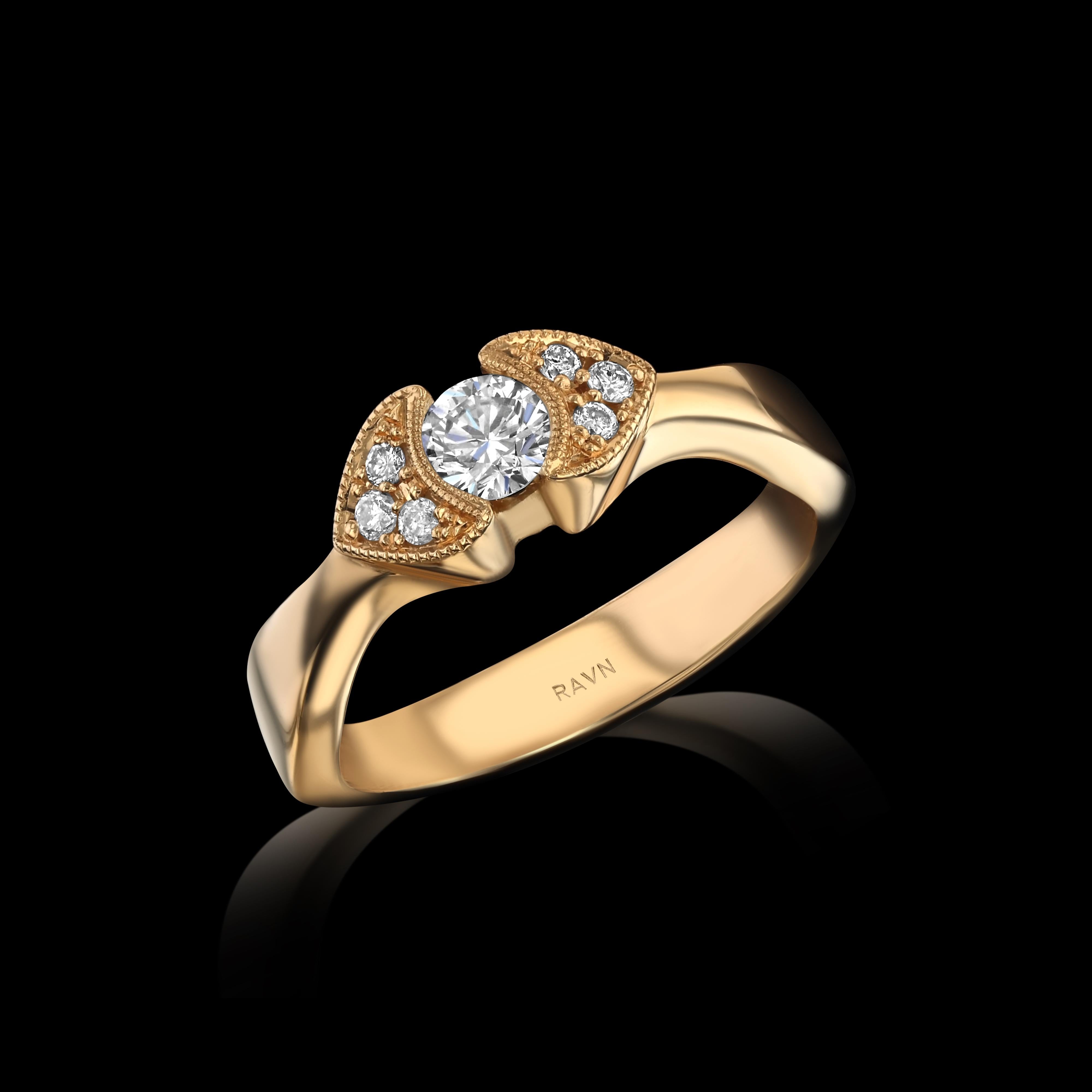 18k rose gold, hand carved diamond ring with 0.28ct center diamond and 6 accent diamonds on heart sides from the House of RAVN Diamond Collection.   



The House of RAVN Diamond Collection is as an opulent testament to the fusion of artistry,