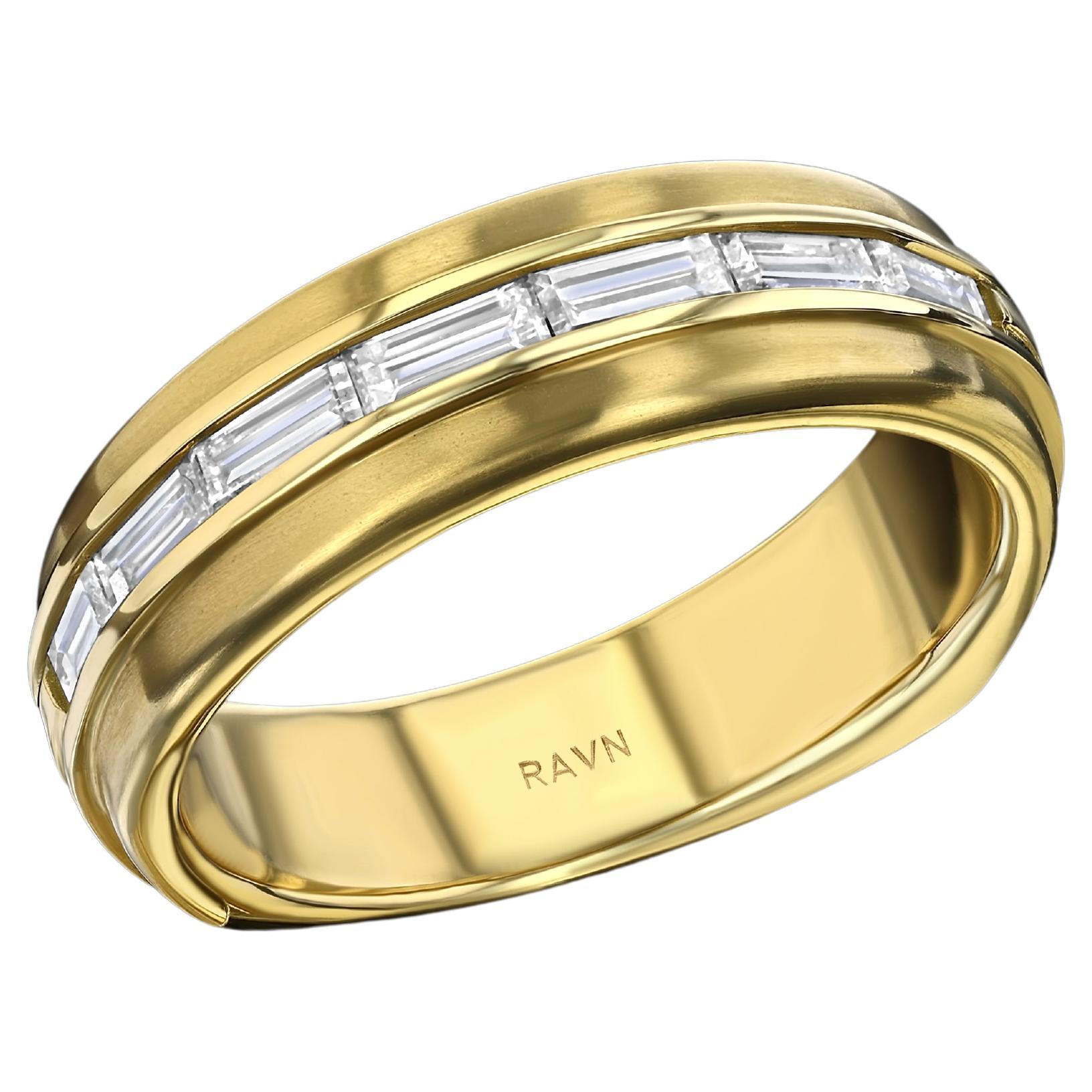 House of RAVN, 18k Yellow Gold, Men's Euro Band, with 7 Baguette Diamonds