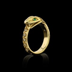 House of RAVN, 18k Yellow Gold Ouroboros Ring with Emerald Eyes and Diamond Body
