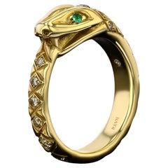 House of RAVN, 18k Yellow Gold Ouroboros Ring with Emerald Eyes and Diamond Body