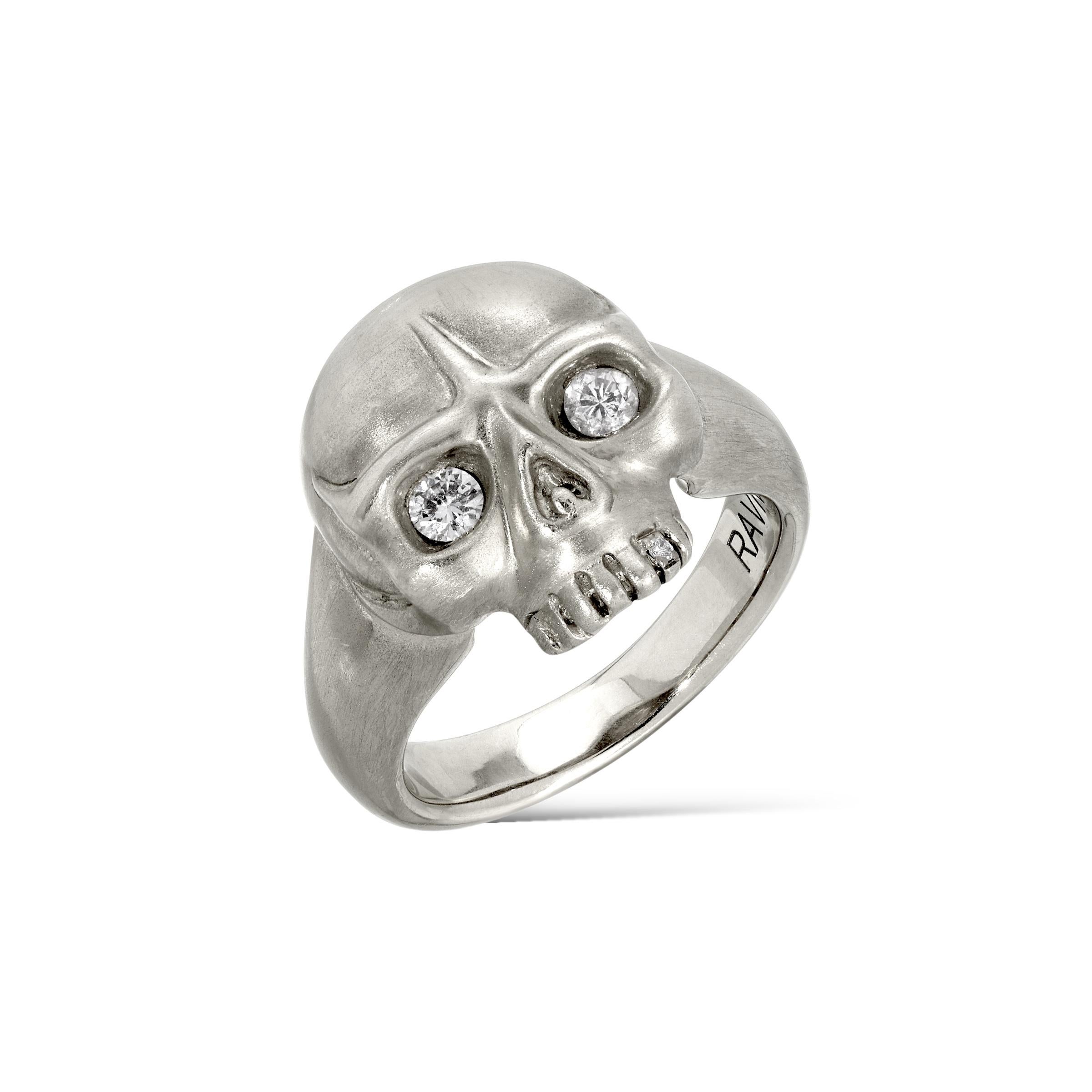 Contemporary House of RAVN, Jawless Sterling Silver Hand Carved Small Skull Ring, Diamonds For Sale