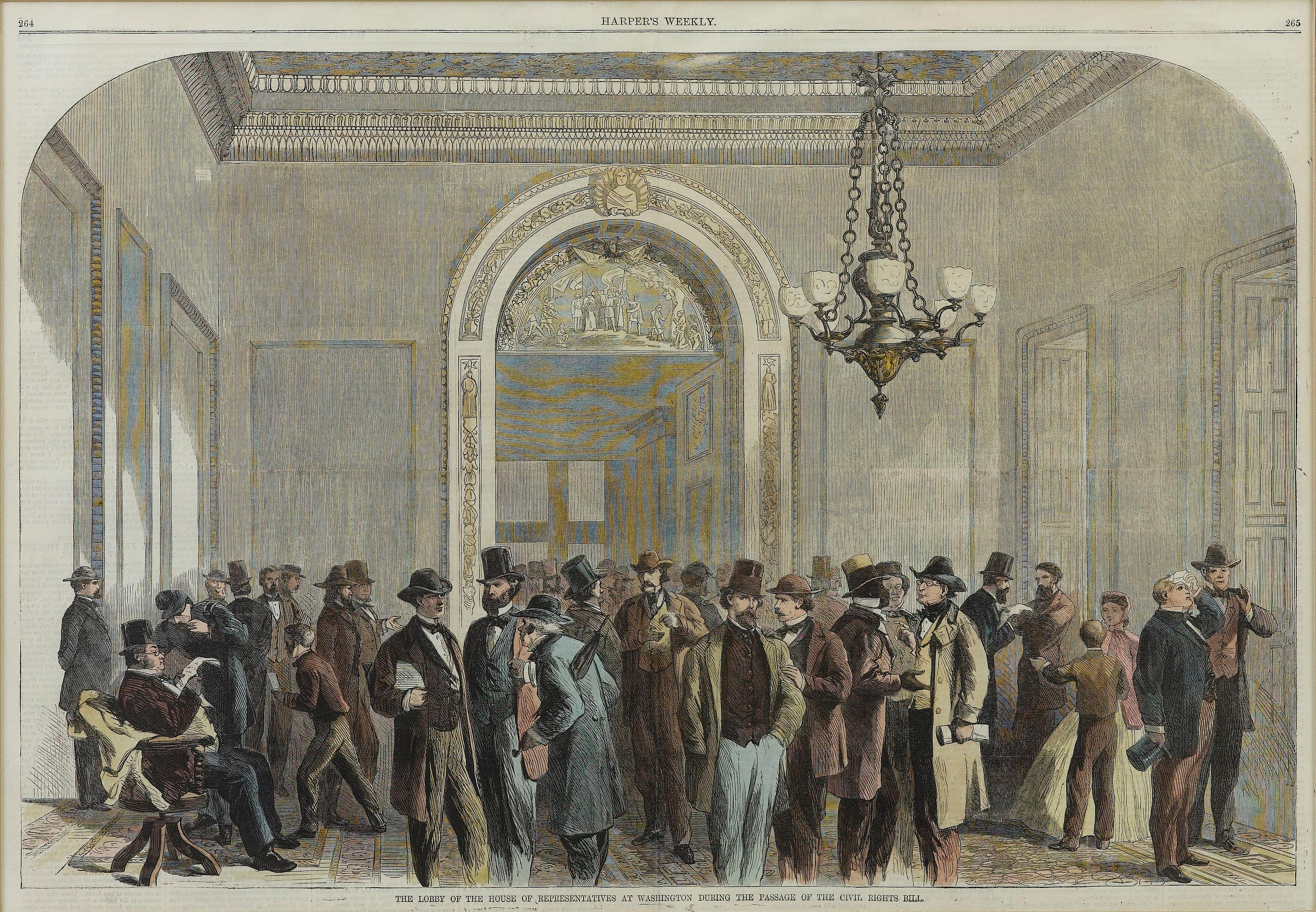 This original wood engraving is titled “The Lobby of the House of Representatives at Washington During the Passage of the Civil Rights Bill.” It was published as a double-page image, in the April 28, 1866 issue of the famous 19th century newspaper